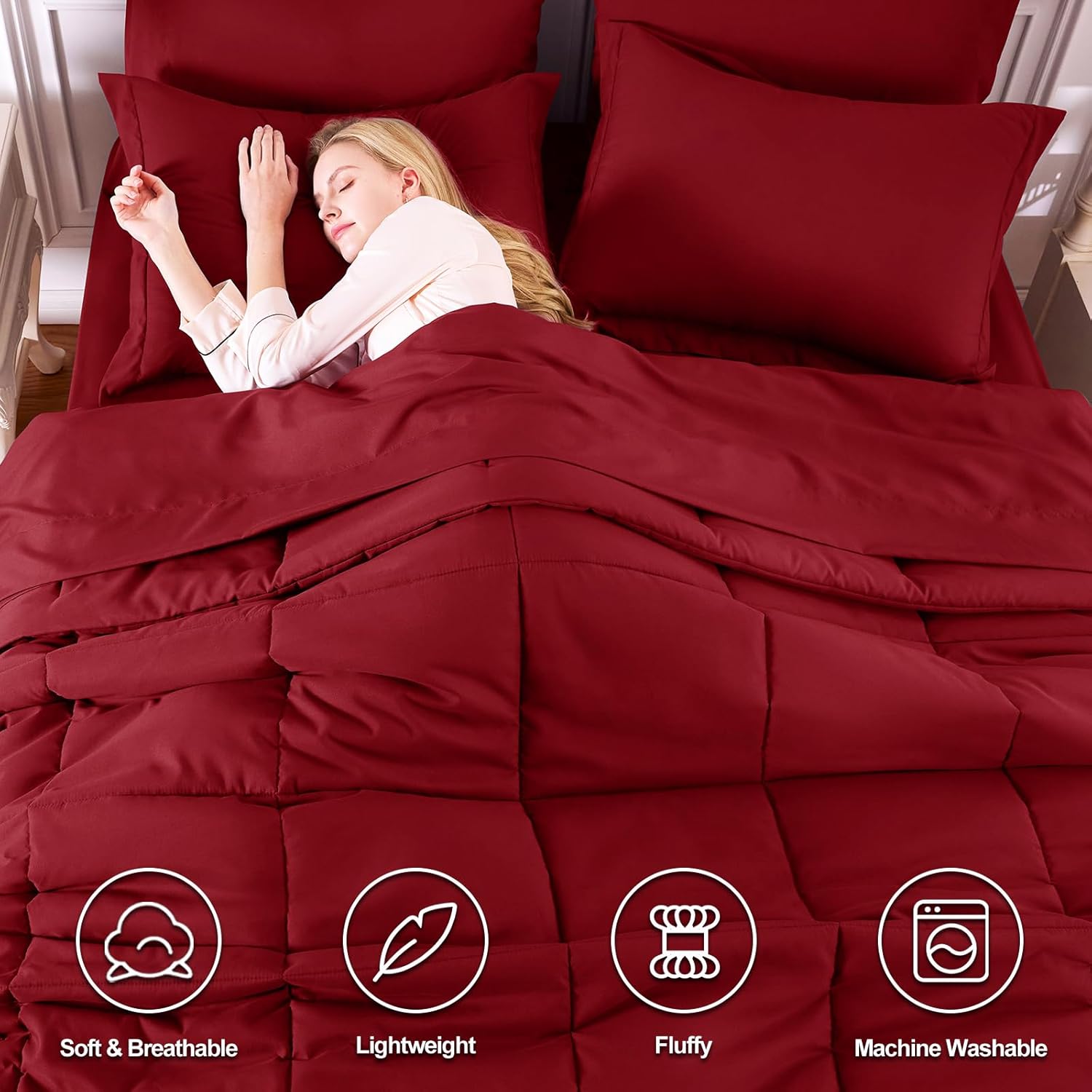 CozyLux Queen Comforter Set Dark Red - 7 Pieces Bed in a Bag Queen, All Season Breathable Bedding Sets, Oeko-Tex Certified Bed Set with Down Alternative Comforter, Sheets, Pillowcases & Pillow Shams