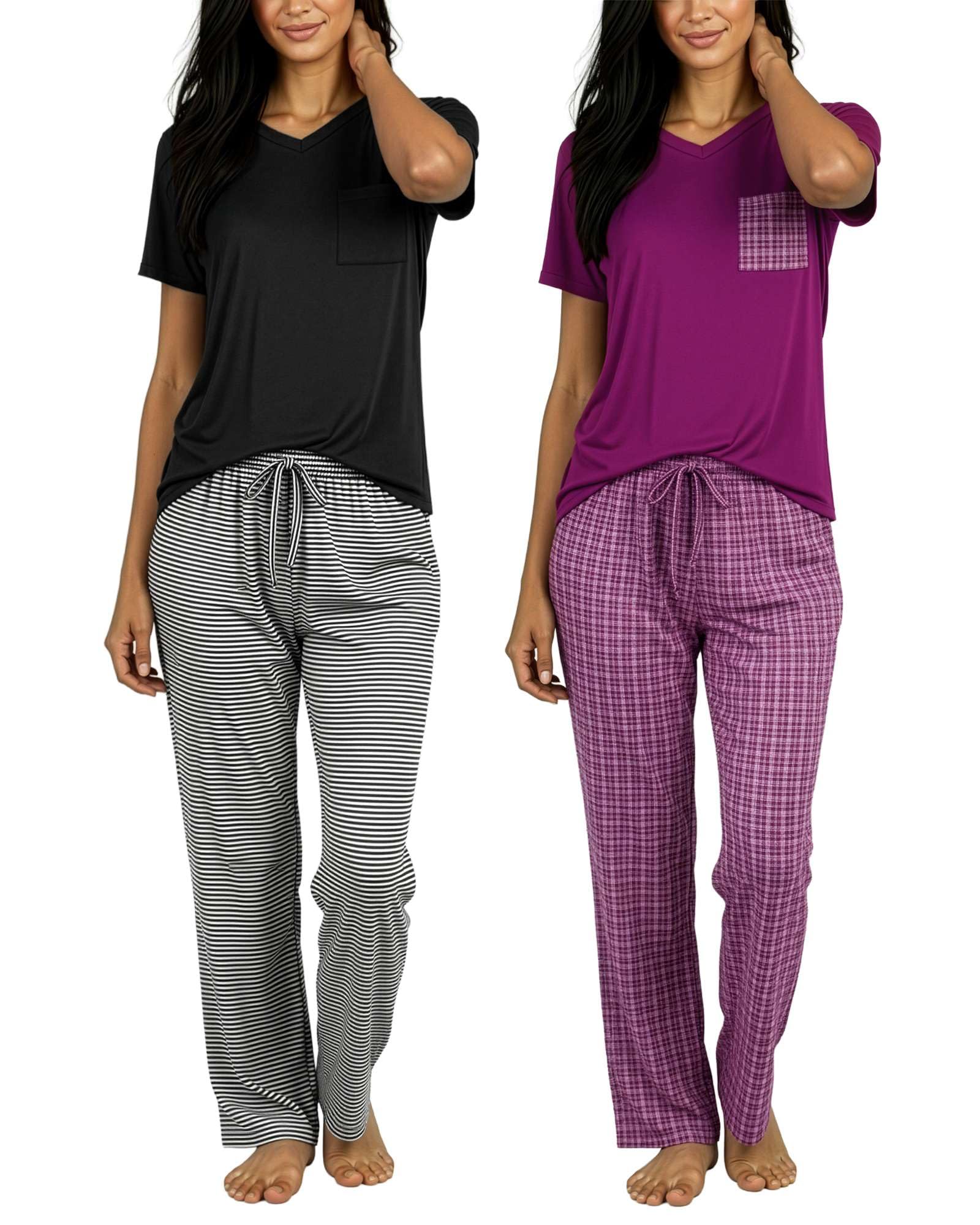 Real Essentials 2 Pack: Women's Pajama Set - Choose from Short Sleeve with Pocket or Long Sleeve Without Pocket