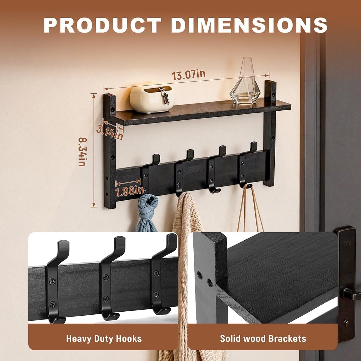 PEKER Coat Rack Wall Mount with Shelf, Solid Wood Entryway Organizer with 4 Metal Hooks, Wall-Mounted Organizer for Entryway, Bathroom, Bedroom & Kitchen, Hanging Rack for Coats, Hats, Bags & Towels