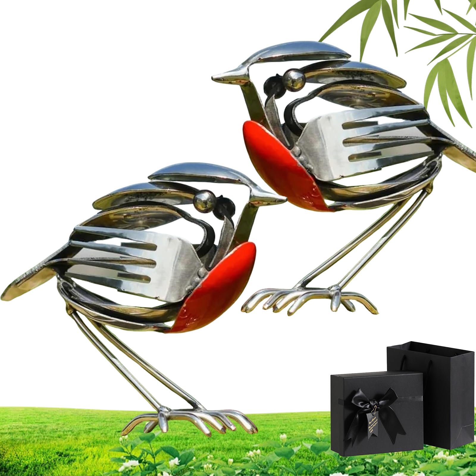 Qosneoun Robin Metal Bird Sculpture, Hope Wings Metal Robin, Garden Ornament, Handcrafted Steel Cutlery Art Statue, Unique Decorative Ornament for Garden, Patio or Office Desk (2 PCS)