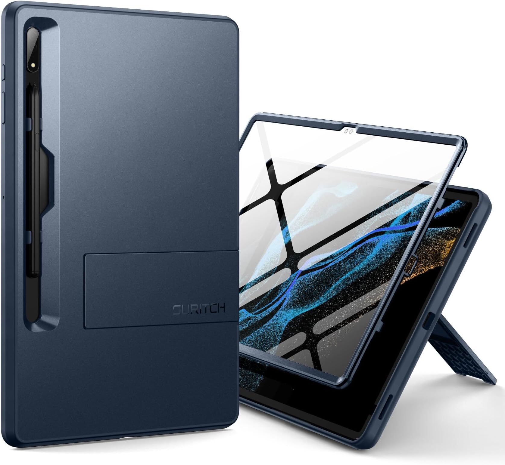 SURITCH 頑丈なケース Samsung Galaxy Tab S8 Ultra 14.6インチ 2022年用 内蔵スクリーンプロテクター フルボディ 高耐久 耐衝撃 保護タブレットカバー Sペンスロットキックスタンド付き ネイビー