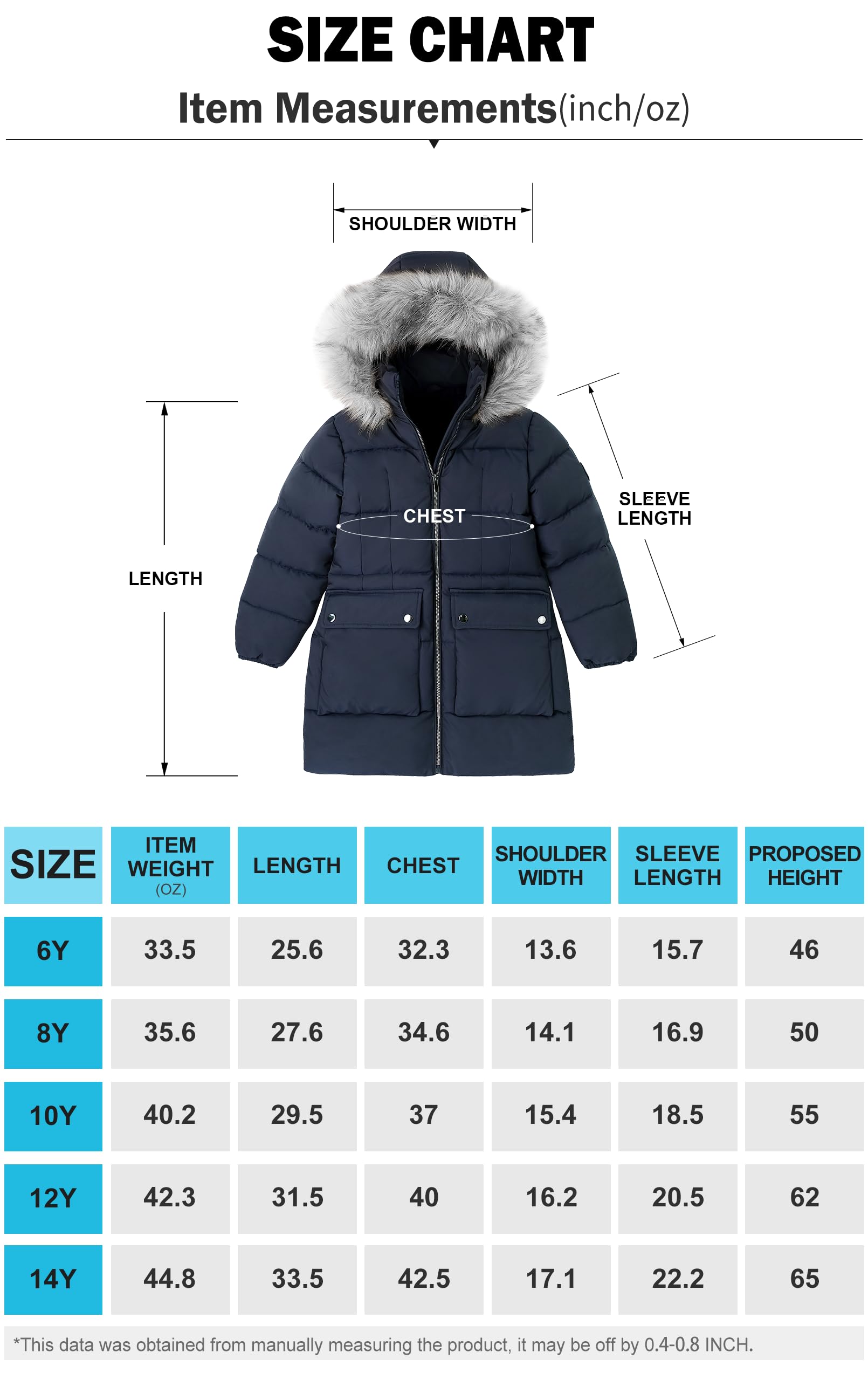 maoo garden Abrigo de Invierno Acolchado para Niñas Parka de Nieve de Plumón de Imitación de Peso Pesado Chaqueta Resistente al Agua de Piel Borrosa