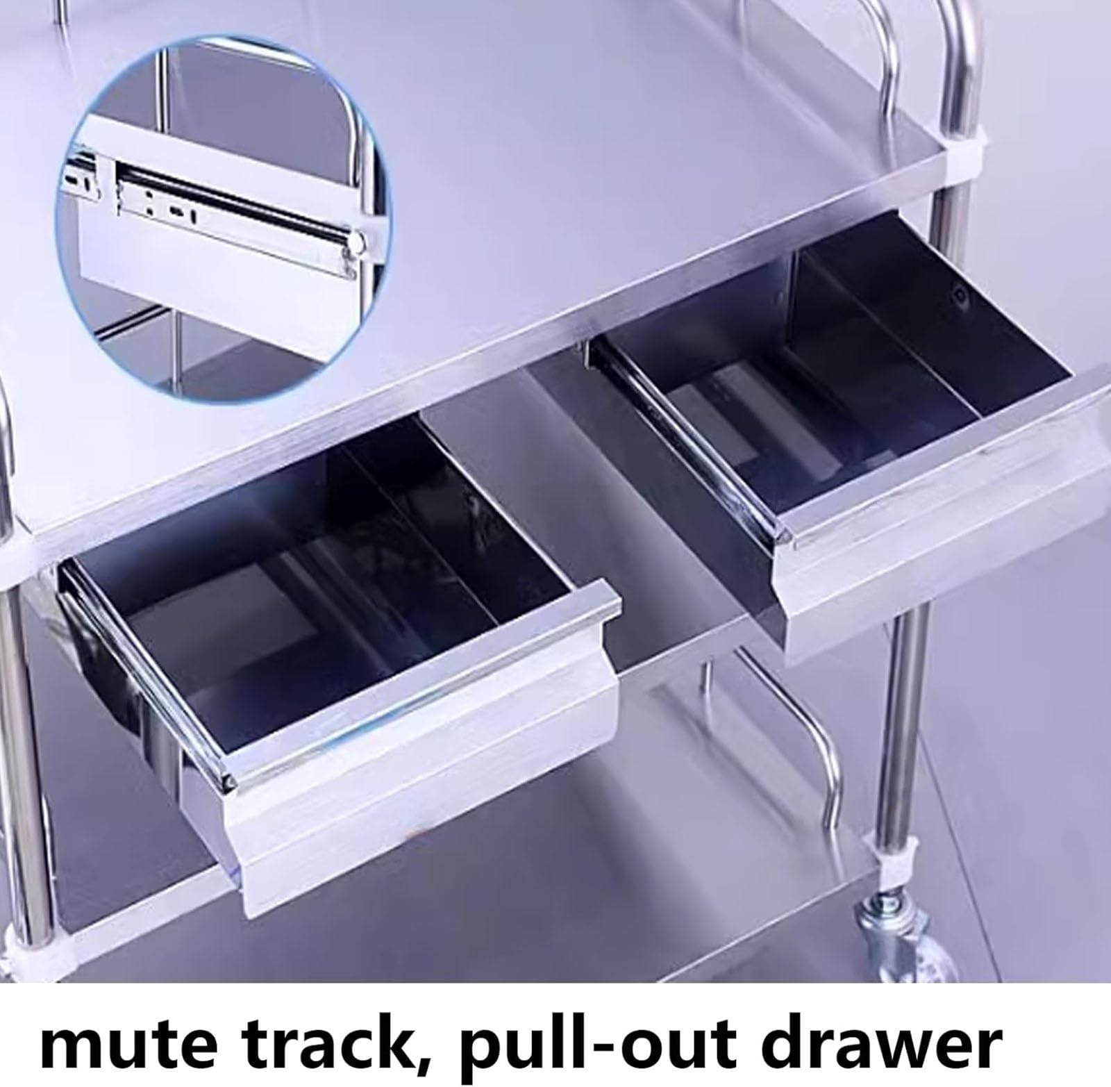 Carrello di Servizio Con Ruote in Acciaio Inox, carrello multiuso medico a due ripiani, carrello da laboratorio, carrello da clinica con cassetto e sponda di protezione(60 * 40 * 86cm)