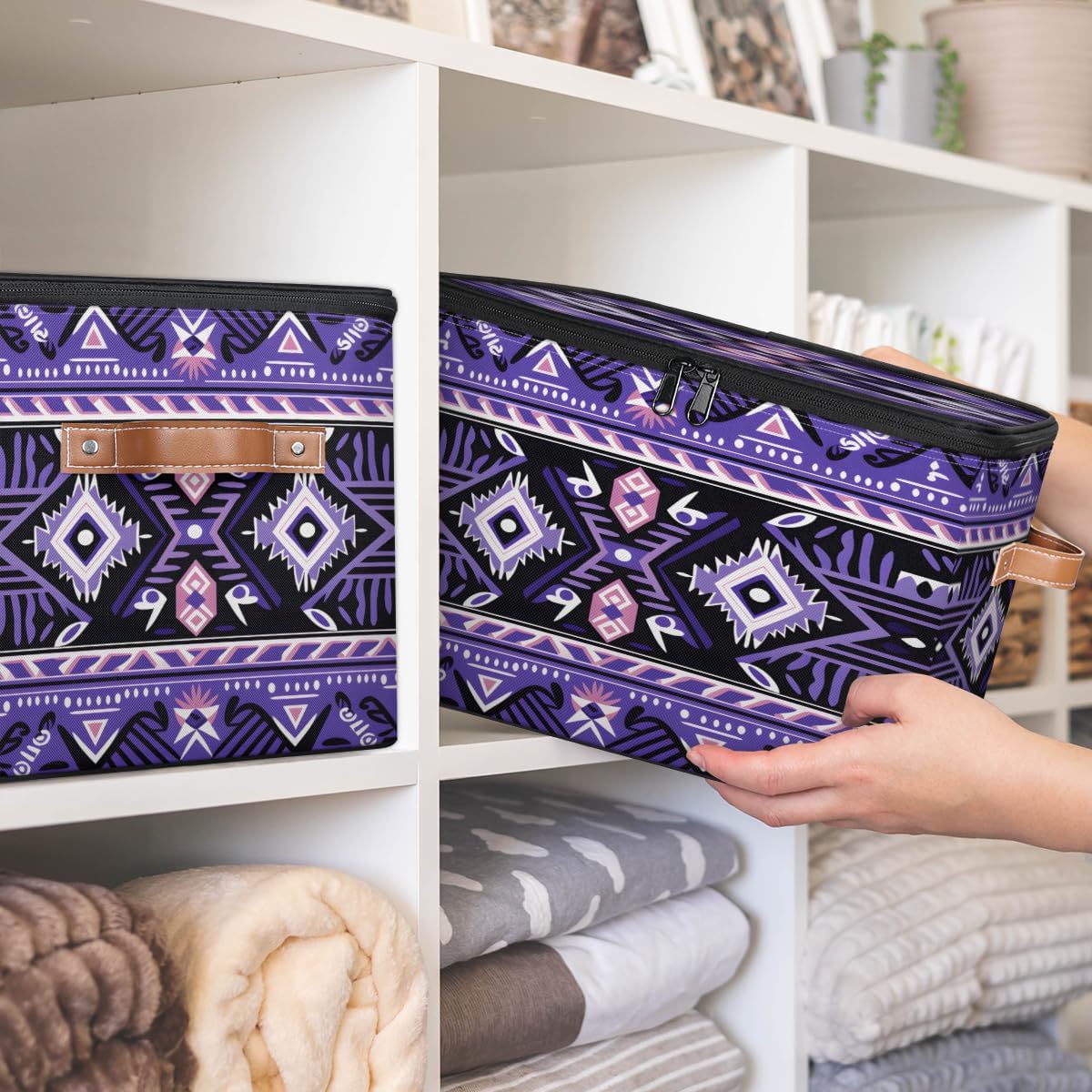 Storage Bin Set of 2 Boho Zig Zag Storage Basket with Zipper Lid & Handle Foldable Closet Shelf 2 Pack Cloth Organizer Basket Cube Bins Clothes Organizer for Nursery, Bedroom