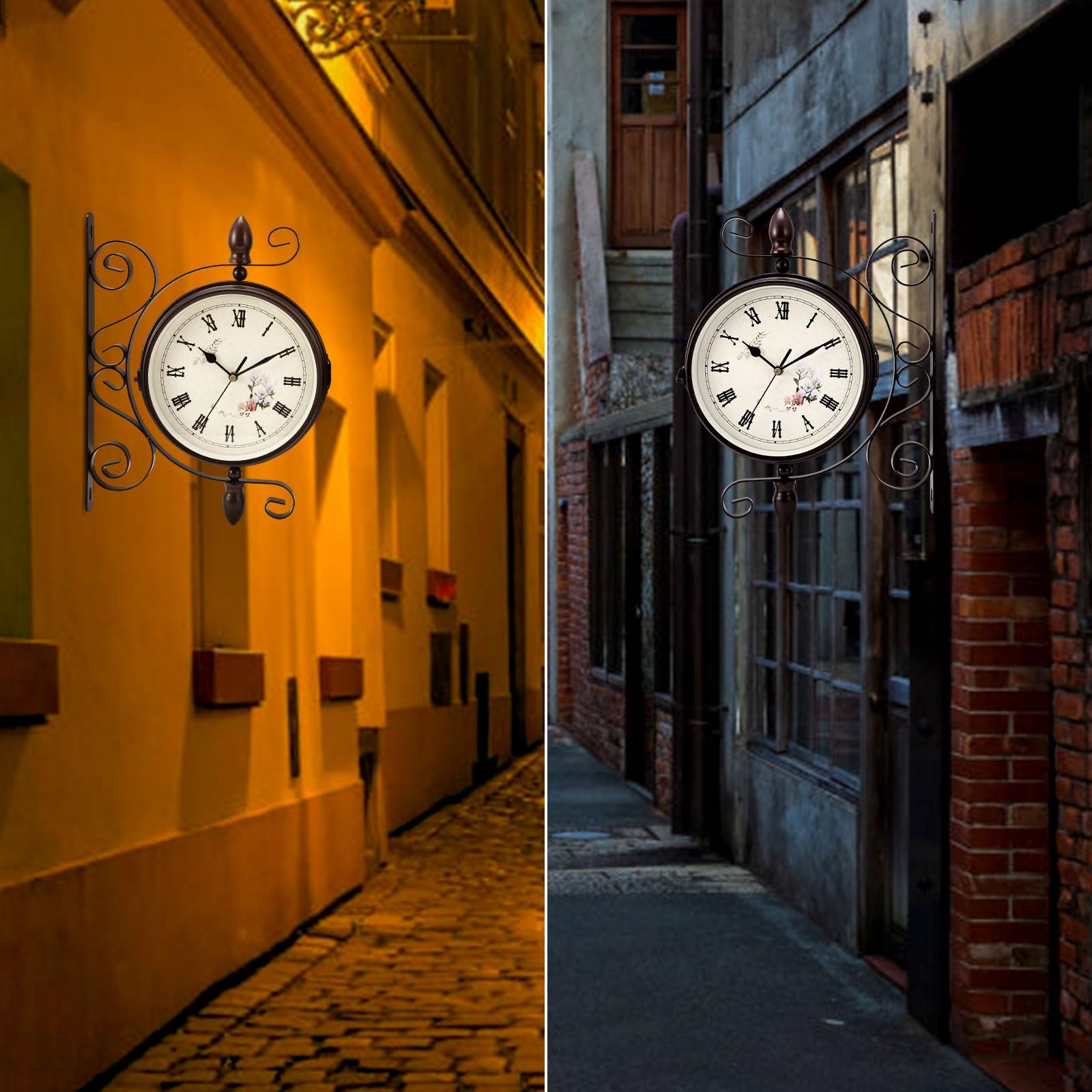 UrbanHomes Bahnhofsuhr Doppelseitig, Bahnhofsuhr Wetterfest, Runde Garten Wanduhr, Retro Schmiedeeisen Metall Wanduhren Aussen Stille Quarzuhr Wanduhr Outdoor Uhr Dekorative mit Halterung 1