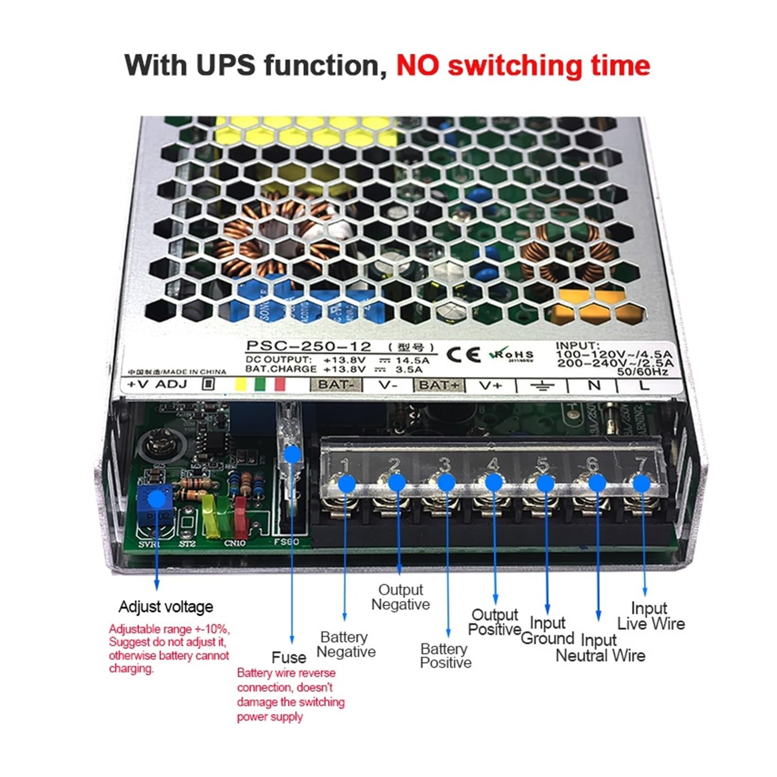 PCS-250W Uniwersalny regulowany zasilacz impulsowy do akumulatorów kwasowo-ołowiowych 13,8 V 3,5 A 27,6 V 2,5 A PSC-250-12 PSC-250-24 Brak czasu przełączania Niezawodność(24V)