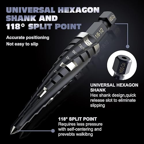 Miniatura 10 de M35 - Brocas escalonadas de cuatro espirales de cobalto, 14 a 34 pulgadas (tamaño de 9 pasos) de impacto Unibit con vástago hexagonal de 14 pulgadas