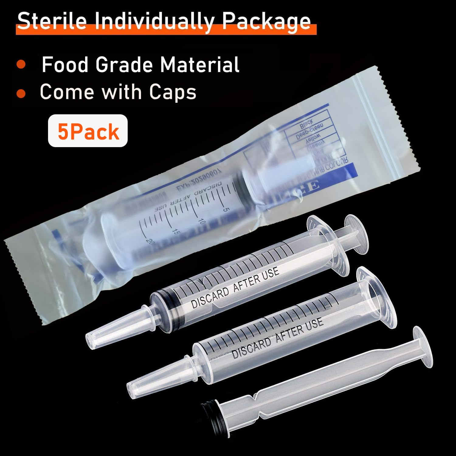 Paquete de 5 jeringas de plástico de 20 ml con tapas para medición de líquidos, oral, laboratorios científicos, alimentación de mascotas, aplicador de aceite o pegamento, fiesta de Halloween, estéril