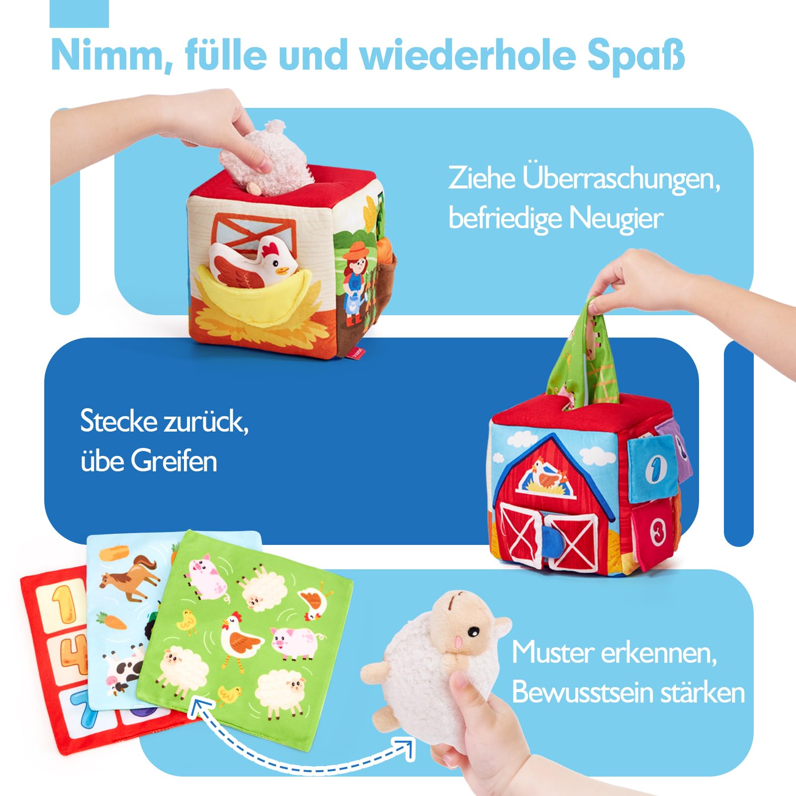 hahaland Baby Spielzeug 6 12 Monate - Bauernhof-Schatzkiste, Montessori Sensorik Spielzeug mit 9 Rasseln und Spiegel, Kinder Lernspiele Motorikspielzeug 1 2 3 Jahre, Weihnachts- und Ostergeschenk