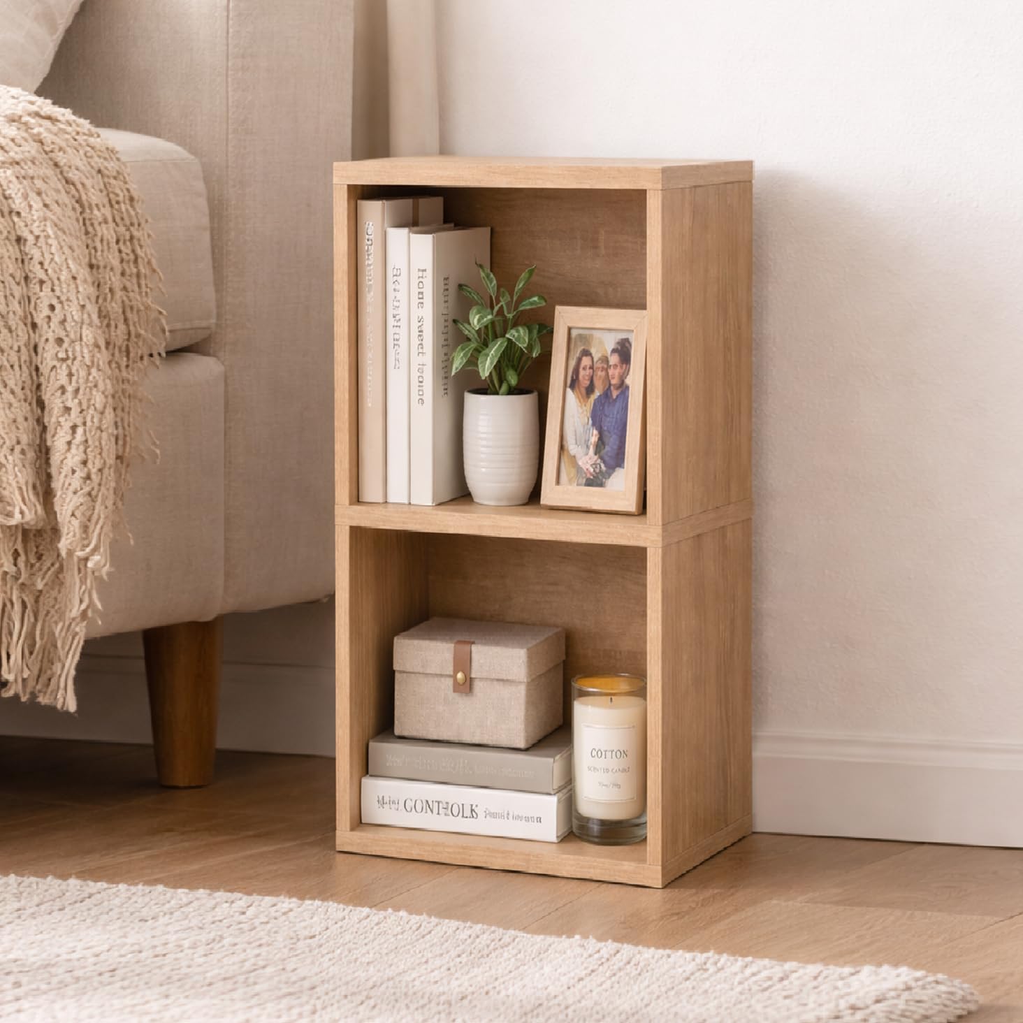 2 Cube Storage Organizer Wooden Bookshelf, 2 Cube Shelf Bookcase, Small Bookshelf Storage Organizer, 2 Cube Storage Shelf for Bedroom, Small Bookshelf for Living Room and Office (Oak)