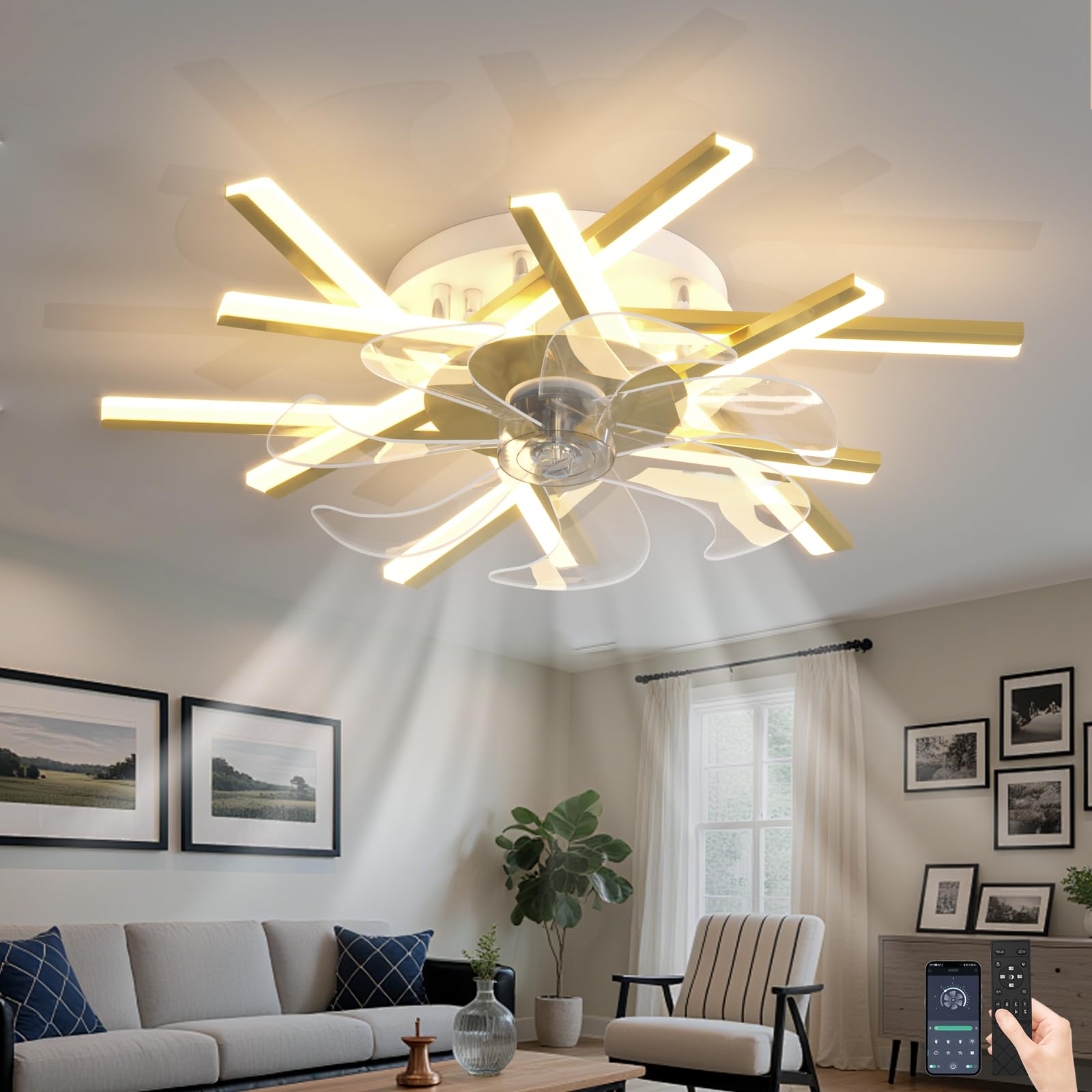 SXDMOUBK 6 Wind Speed Ceiling Fans with Lights and Remote Control Silence Chandeliers Ceiling Light Dimmable Reversible DC Fan Light Ceiling for Living Room Bedroom-Gold||62cm