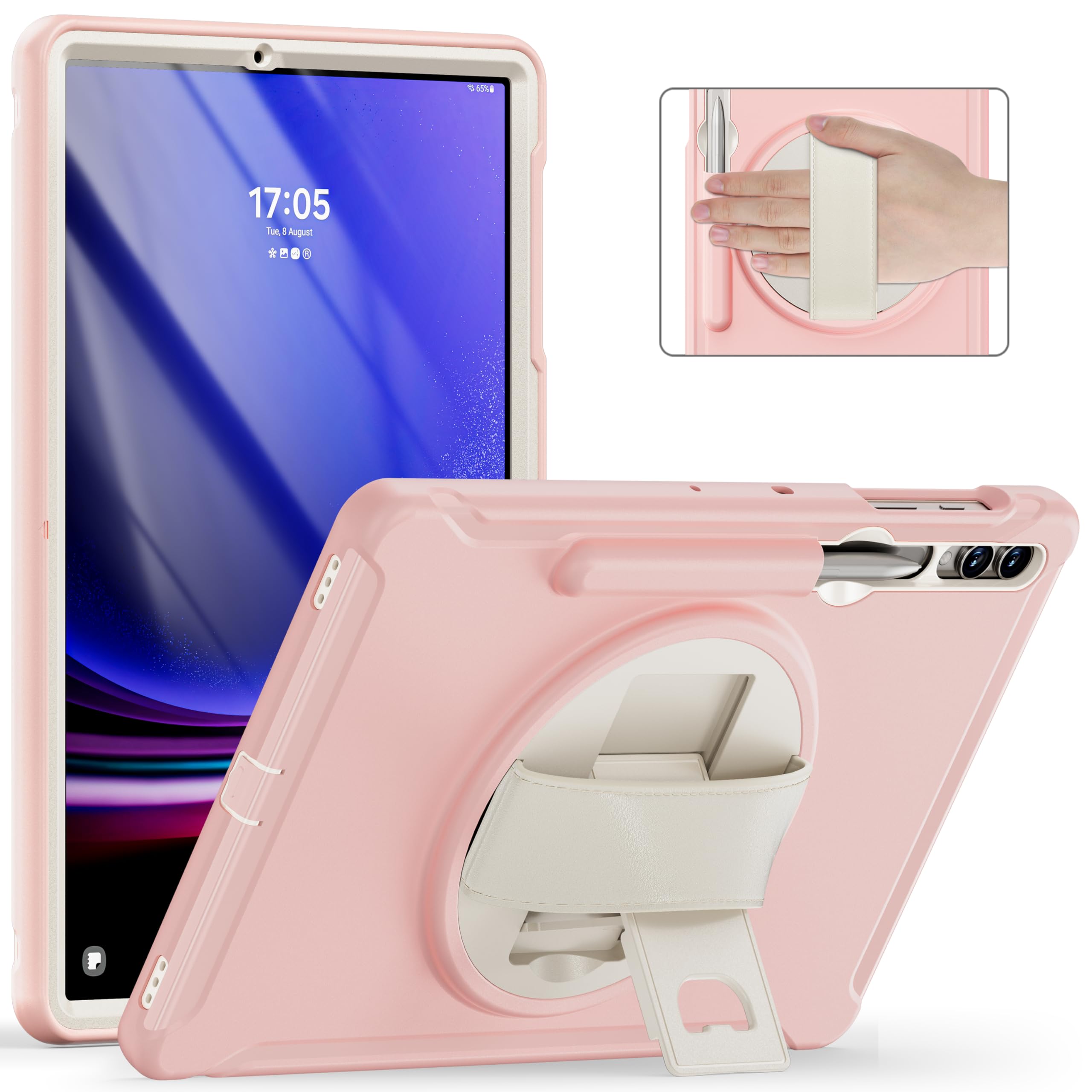 Junfire Protective Case for Samsung Galaxy Tab S9 Plus/S8 Plus/S7Plus/S7FE/S9 FE Plus, 12.4'' Tablet Cover with Kickstand, Hand Strap, Stylus Holder, Pink