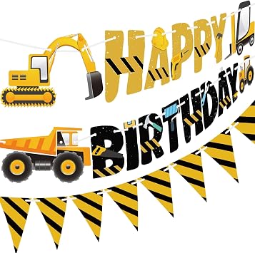 3 Packs Construction Happy Birthday Banner and Construction Pennant Flags Bunting Banner Decorations Construction Birthday Party Supplies for Boys Birthday Party Construction