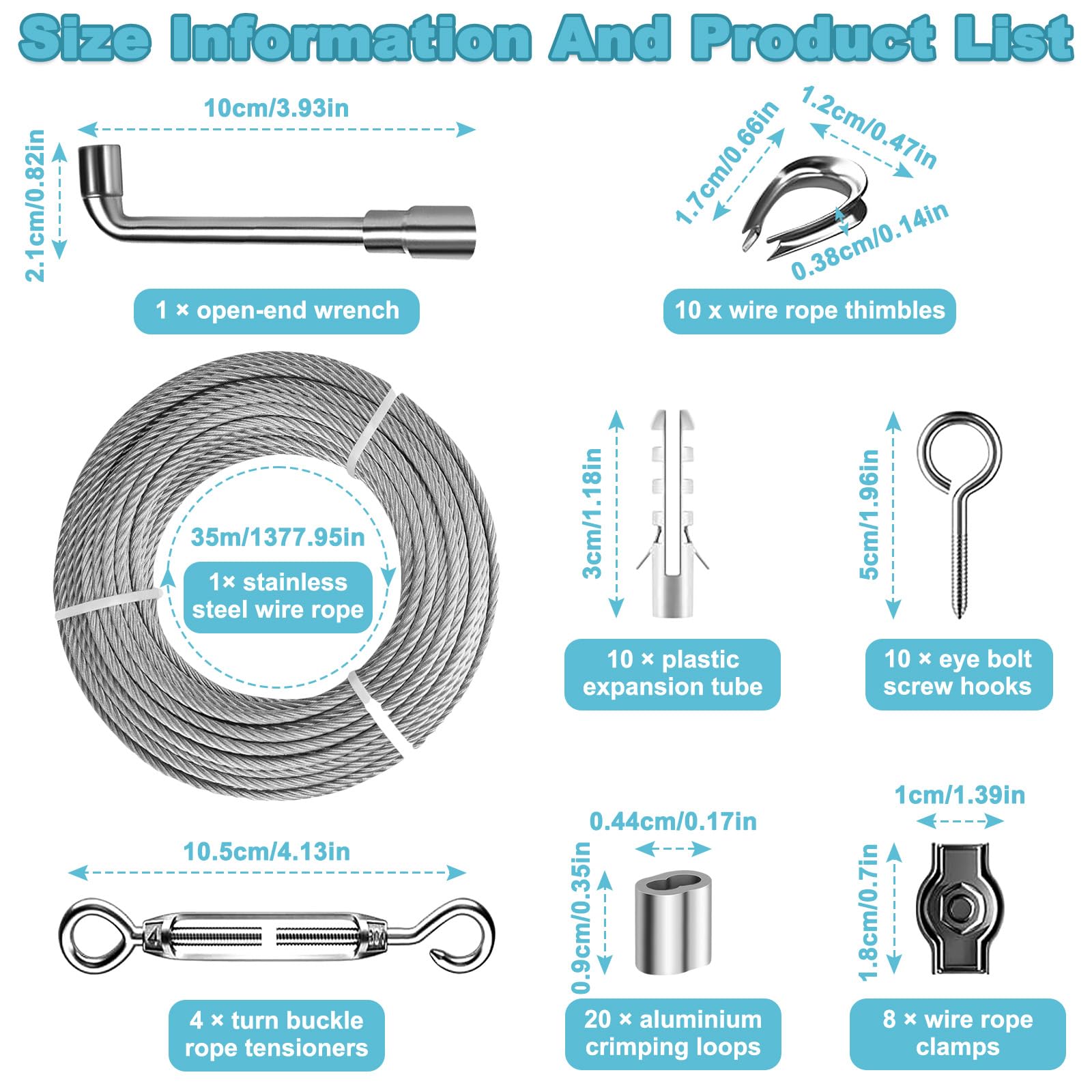 TooTaci M5 Turnbuckle Wire Tensioner Kit With 15M/3mm Stainless Steel Coated Cable Wire Rope, 3mm Garden Wire Heavy Duty With Vine Eyes For Climbing Plants, Lights Hanging, Curtain Wire - View #4
