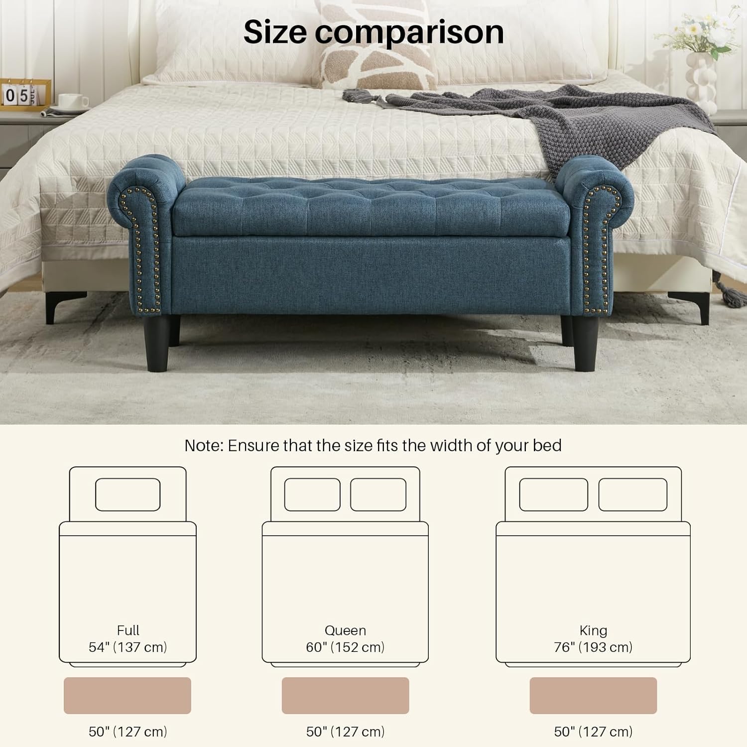 SOFTHION Storage Bench, 50" Queen End of Bed Bench, Linen Tufted Button Upholstered Bedroom Bench, Storage Ottoman with Rolled Arms, Window Bench with Storage, for Living Room, Entryway Dark Blue