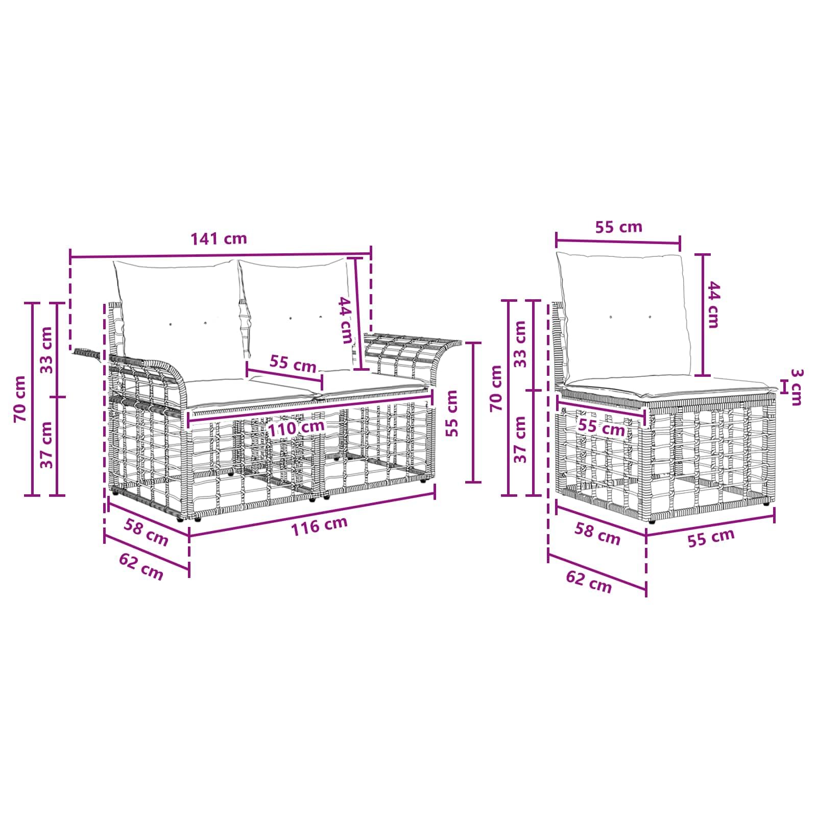 Juego de sofás de exterior de 3 piezas, muebles de jardín de polirratán, conjunto de asientos modulares para terraza y balcón, incluye cojines, color blanco crema y natural