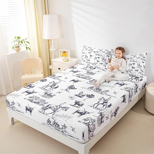 Miniatura 6 de Juego de ropa de cama del oeste, tamaño Queen, diseño de dibujos de vaquero, ganado, caballo, 4 piezas, sábanas de animales de granja para niños,