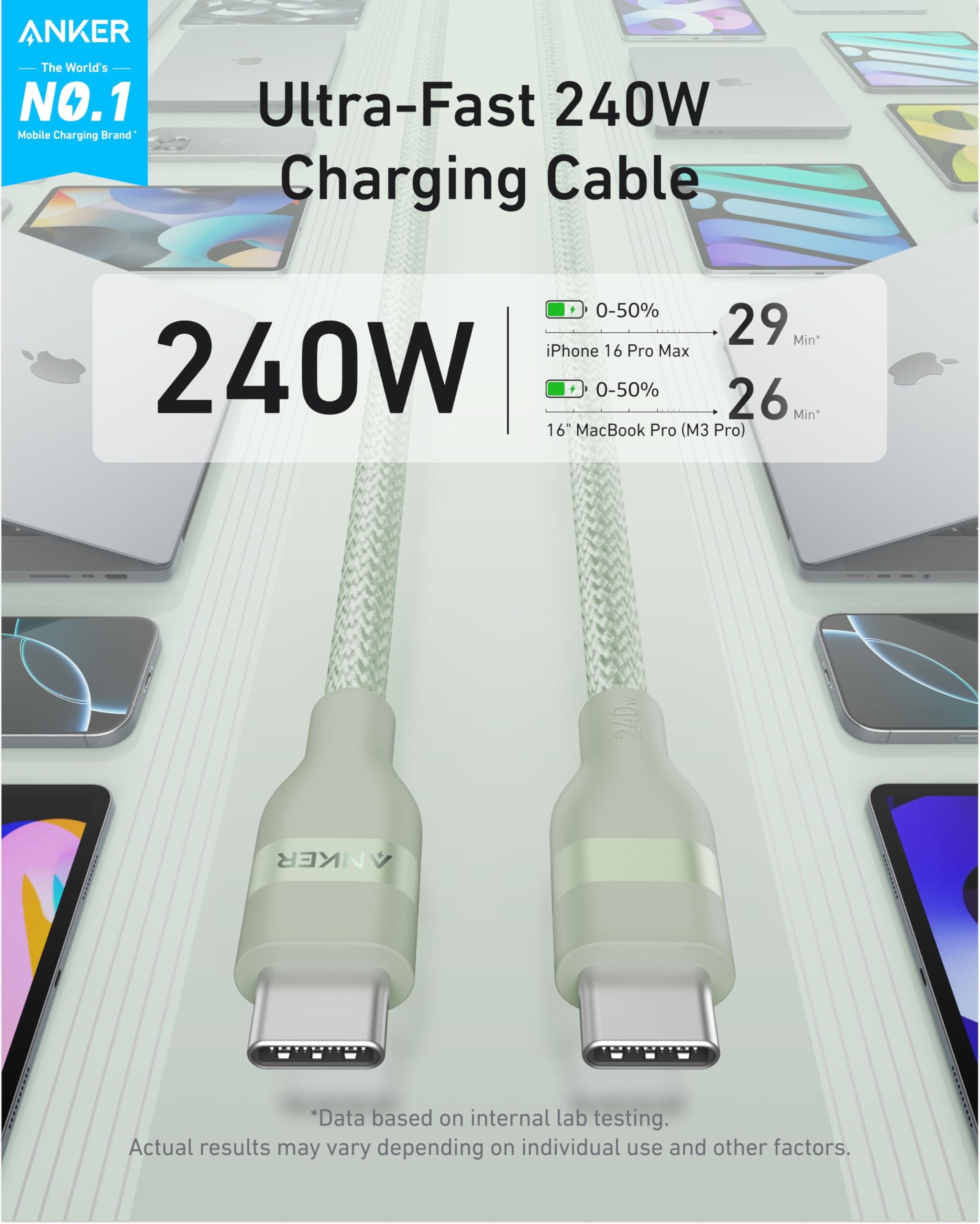 Anker Cavo USB-C di ricarica veloce 240W, design intrecciato e riciclato, per iPhone 16/16 Pro/16 Plus/16 Pro Max, MacBook Pro, iPad Pro, iPad Air 4, Galaxy S23 e altro ancora(1,8m, Verde)