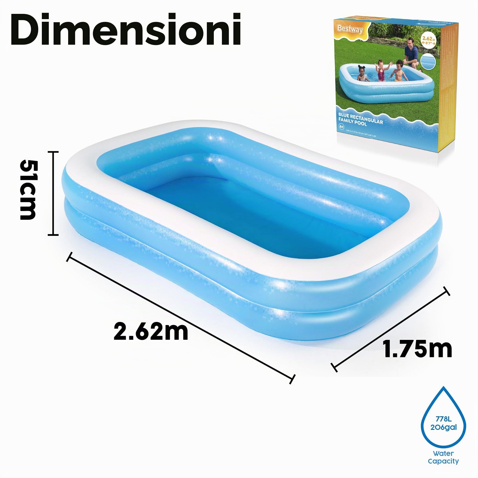 Bestway 54006-2 Piscina rettangolare blu per bambini da 262 cm