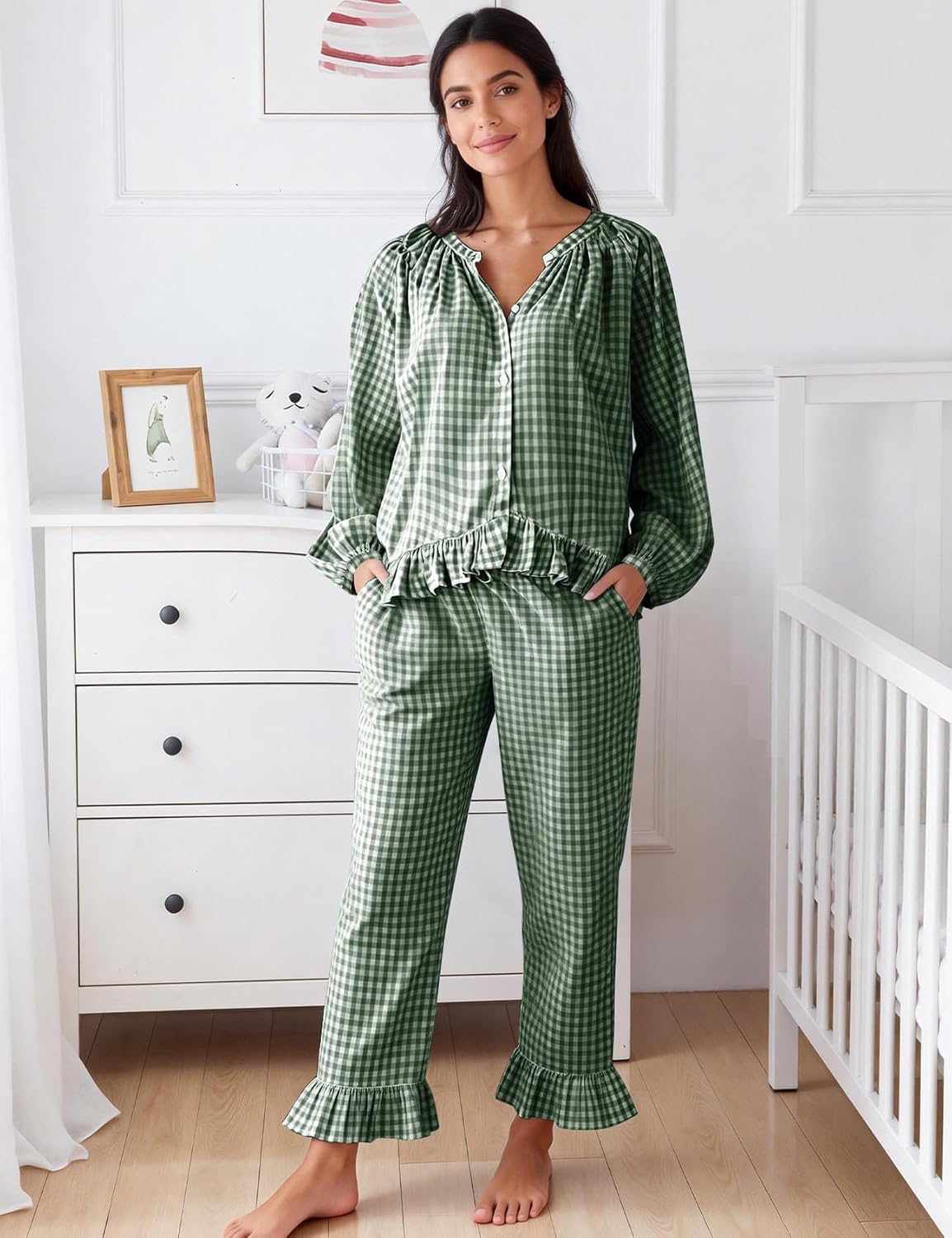 Flygo Womens Plaid Pajamas Sets 2 Piece Cotton Pj Set Puff Sleeve Ruffle Babydoll Shirt Gingham Pants Lounge Sets - Image 2