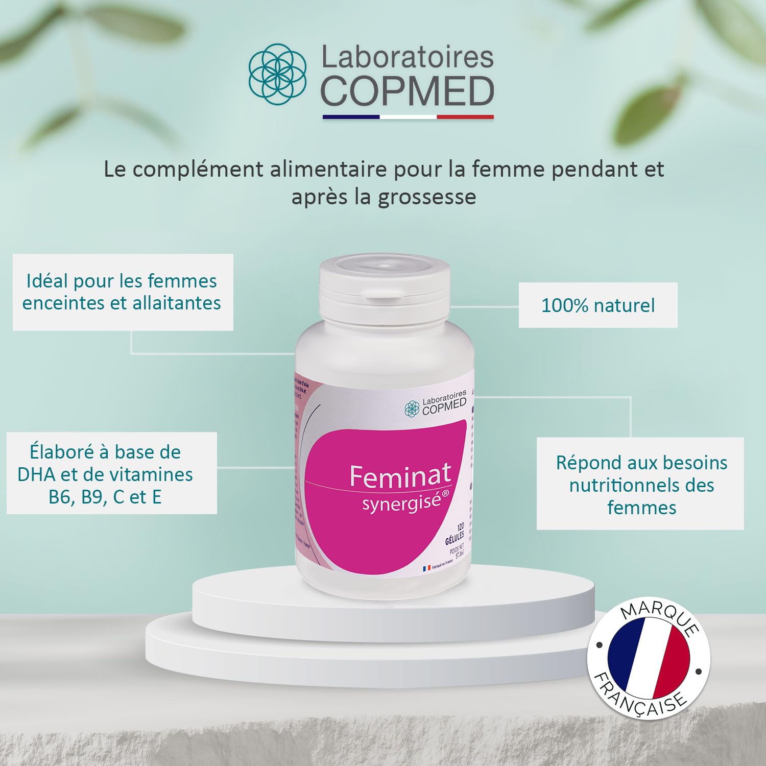 LABORATOIRES COPMED - Féminat Synergisé® - Complément alimentaire Grossesse - Confort féminin 100% Naturel - Acide Folique - Marque Française - 120 Gélules Végétales (Pilulier en Bioplastique Végétal)