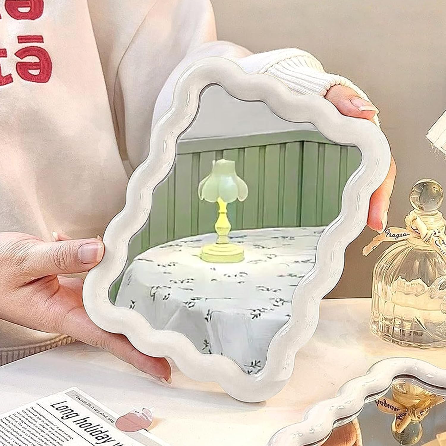 Wave Shaped Table Desk Vanity Makeup Mirror Cute Portable Travel Folding Make Up Mirror for Standing Hanging 6.7X5.3 Inch Home Decoration (White)