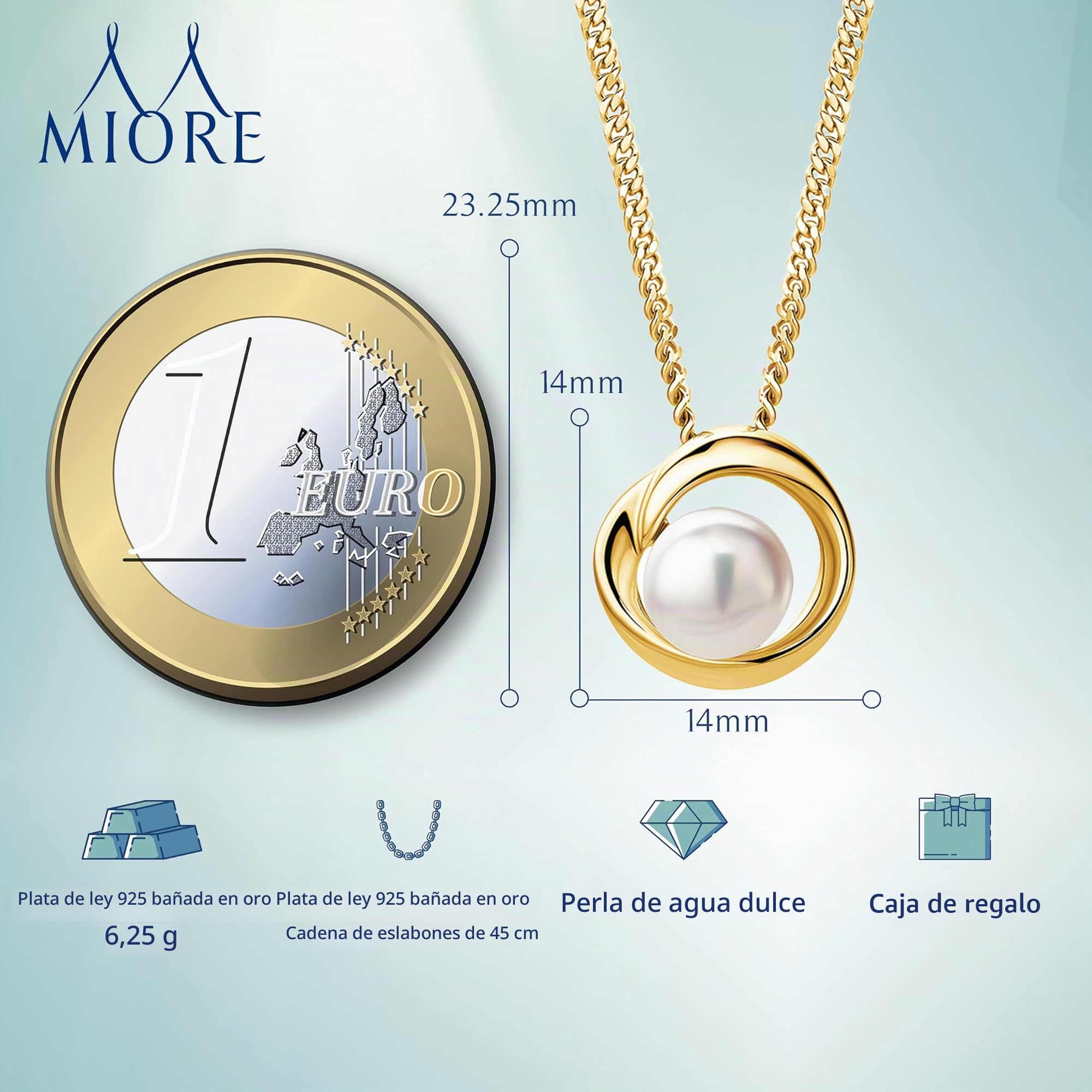 Miore Collares Mujer de Plata con Colgante de Perla Blanca 8 mm Chapado oro de 18ct o Plata Sterling 925, Cadena Barbada a 45 cm, Collar hipoalergénico, Joyería Mujer, Se entrega en Estuche para Joyas