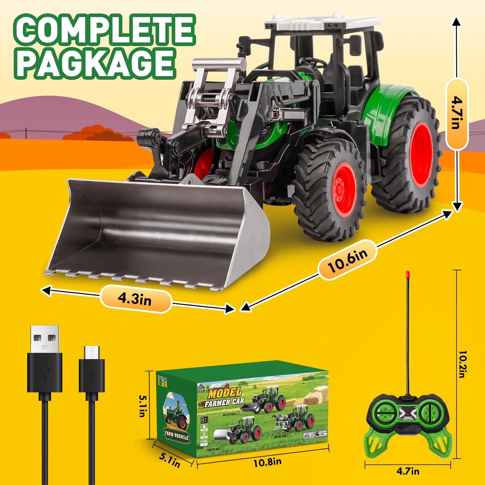 Ferngesteuerter Spielzeugtraktor für Kinder von 3 bis 5 Jahren, ferngesteuerter Traktor-LKW im Maßstab 1/24 mit Licht und Sound, Landwirtschaftsfahrzeug für Kleinkinder, Mädchen von 3, 4