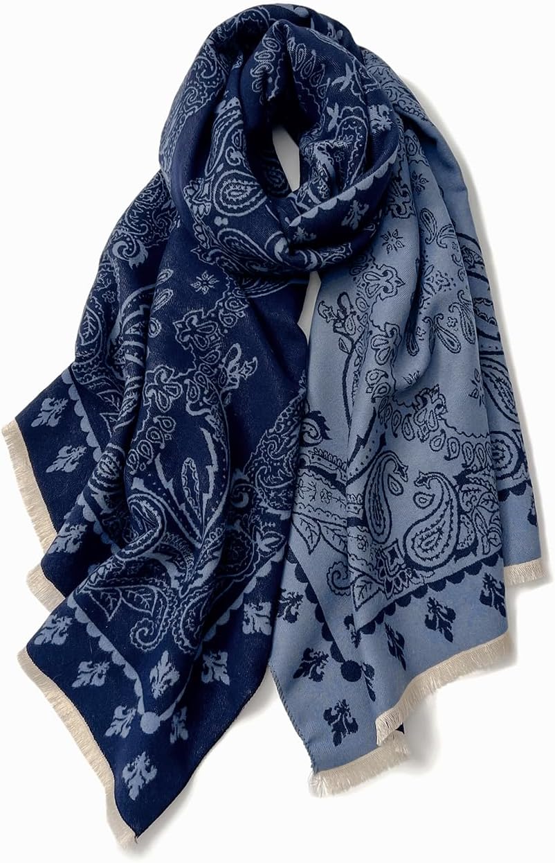 zero season Pashmina Shawl Wrap for Women Printed Scarf for Evening Dress, Wedding, Bridesmaid Gift, Formal Event, Blanket Poncho Cape Paisley Navy Blue Pattern - Image 8