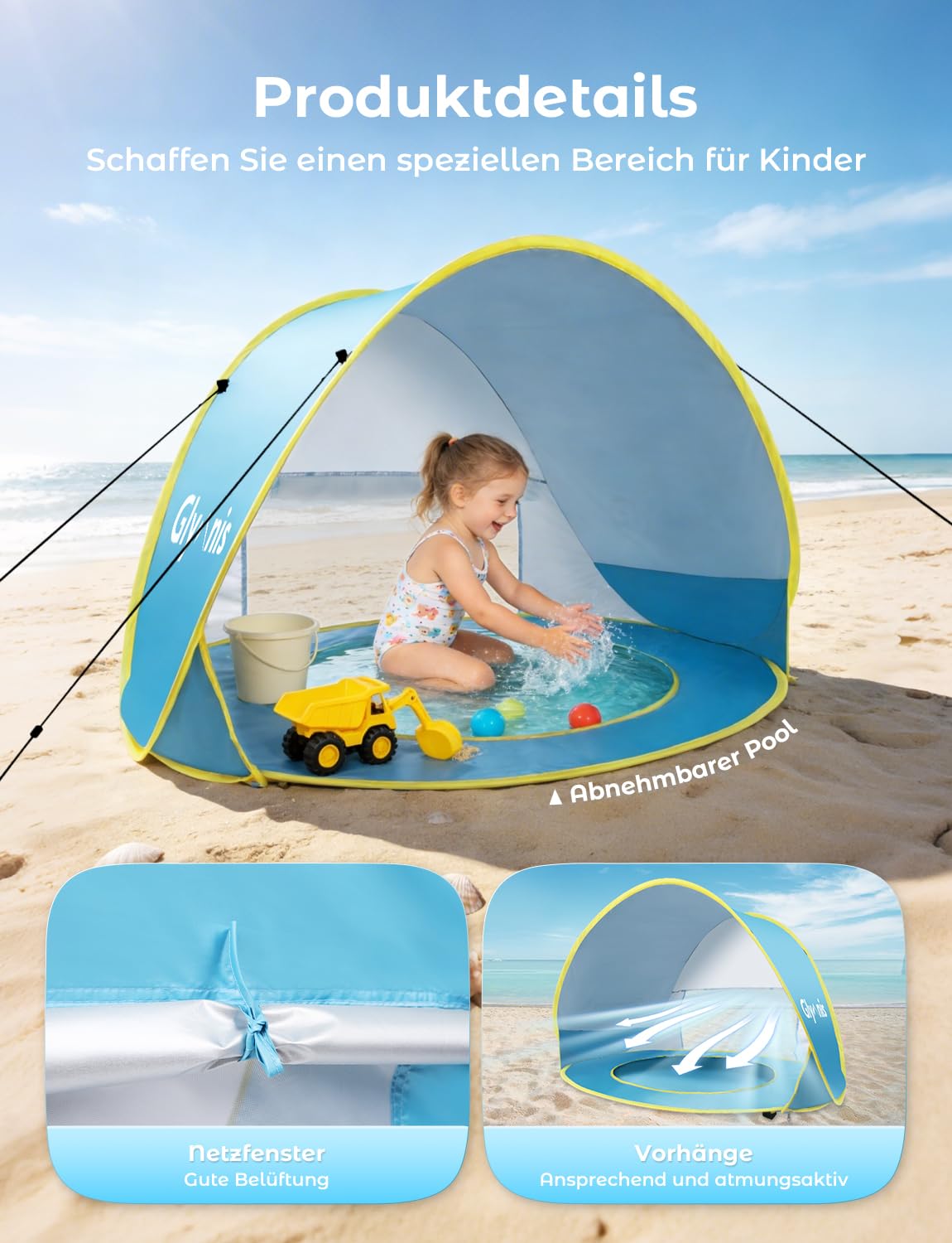 Glymnis Baby Strandmuschel Strandzelt Pop-up Baby Strand Zelt mit trennbarer Pool UV-Schutz UPF 50+ Sun Shade Shelter für Kleinkinder und Baby