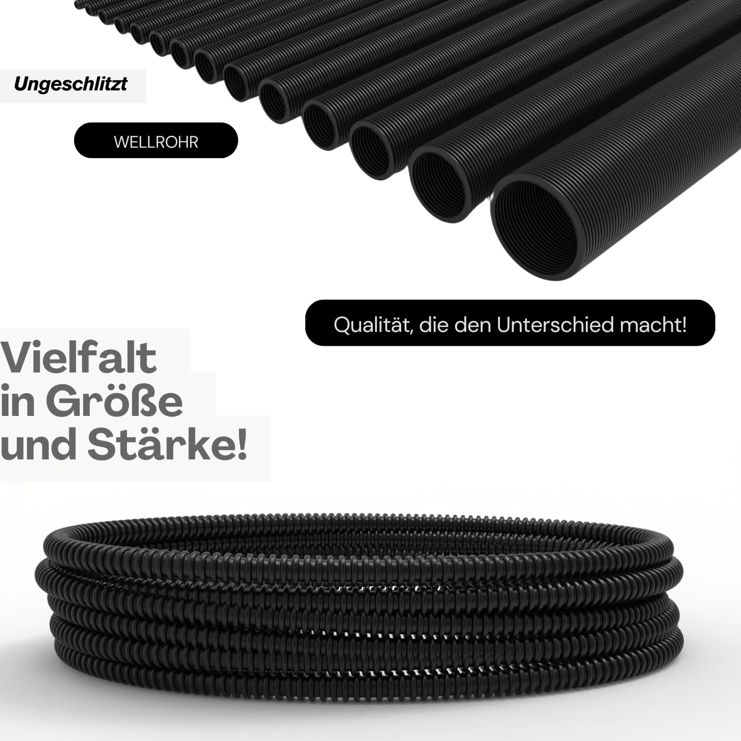 ISTA Tubo corrugato non scanalato, 25/50/100 m, per cavo di terra/tubo corrugato, resistente ai raggi UV/tubo di protezione del cavo/tubo nero (100 m, Ø 8,5 mm interno)
