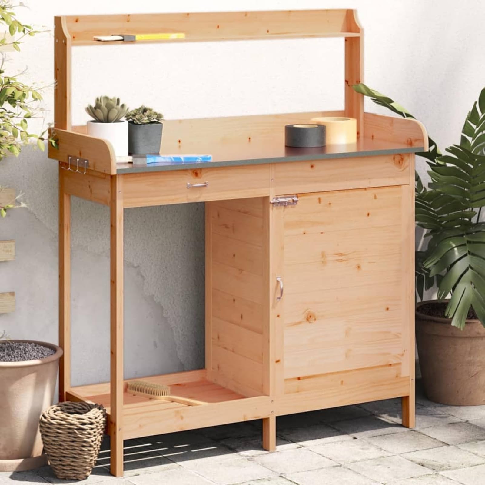 Gecheer Pflanztisch mit Schrank Braun 110,5x45x124,5 cm, Massivholz Tanne, mit Schublade, verzinkte Tischplatte, Fuer Garten, Terrasse