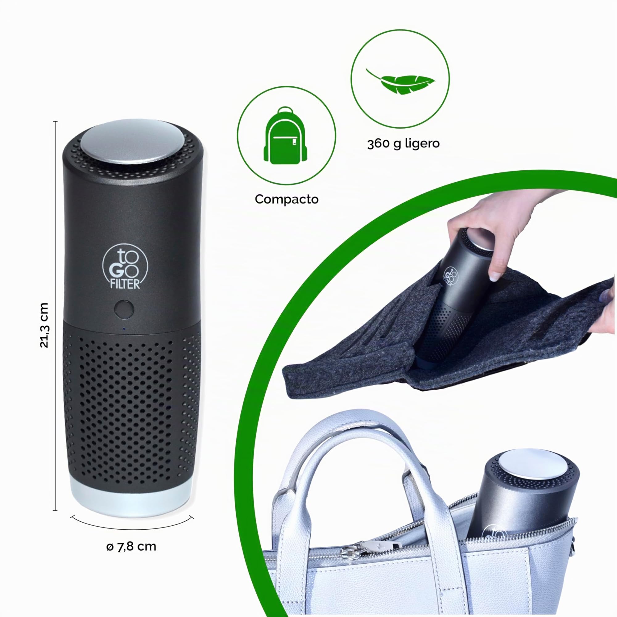 toGo Filter purificador de aire portátil pequeño con batería para viajes, coches y mesas, filtro HEPA 13 y filtro de carbono, contra contaminantes polen humo - para alergias y asmáticos (negro)