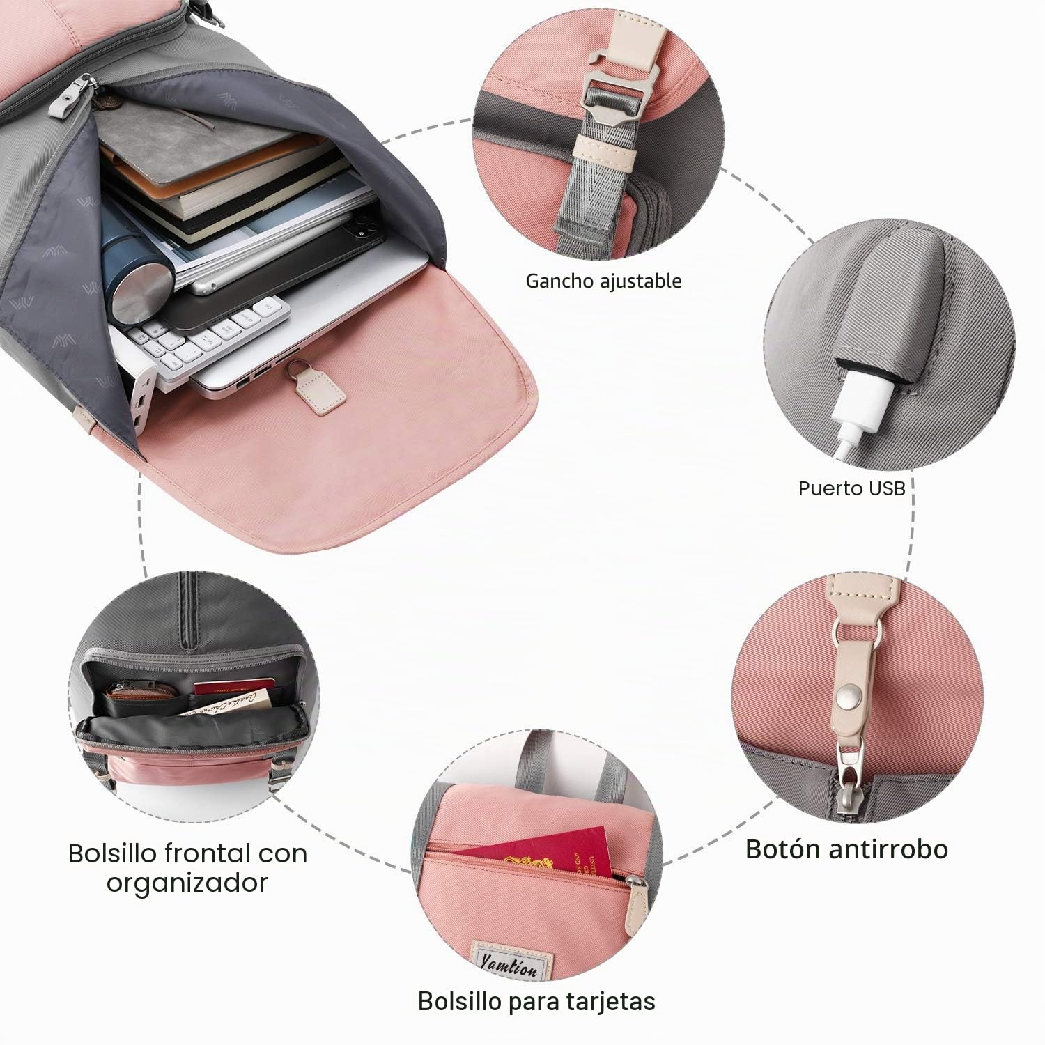 YAMTION Mochila para Mujer, Portátil 17 Pulgadas, Escolar Niña, Ordenador con USB