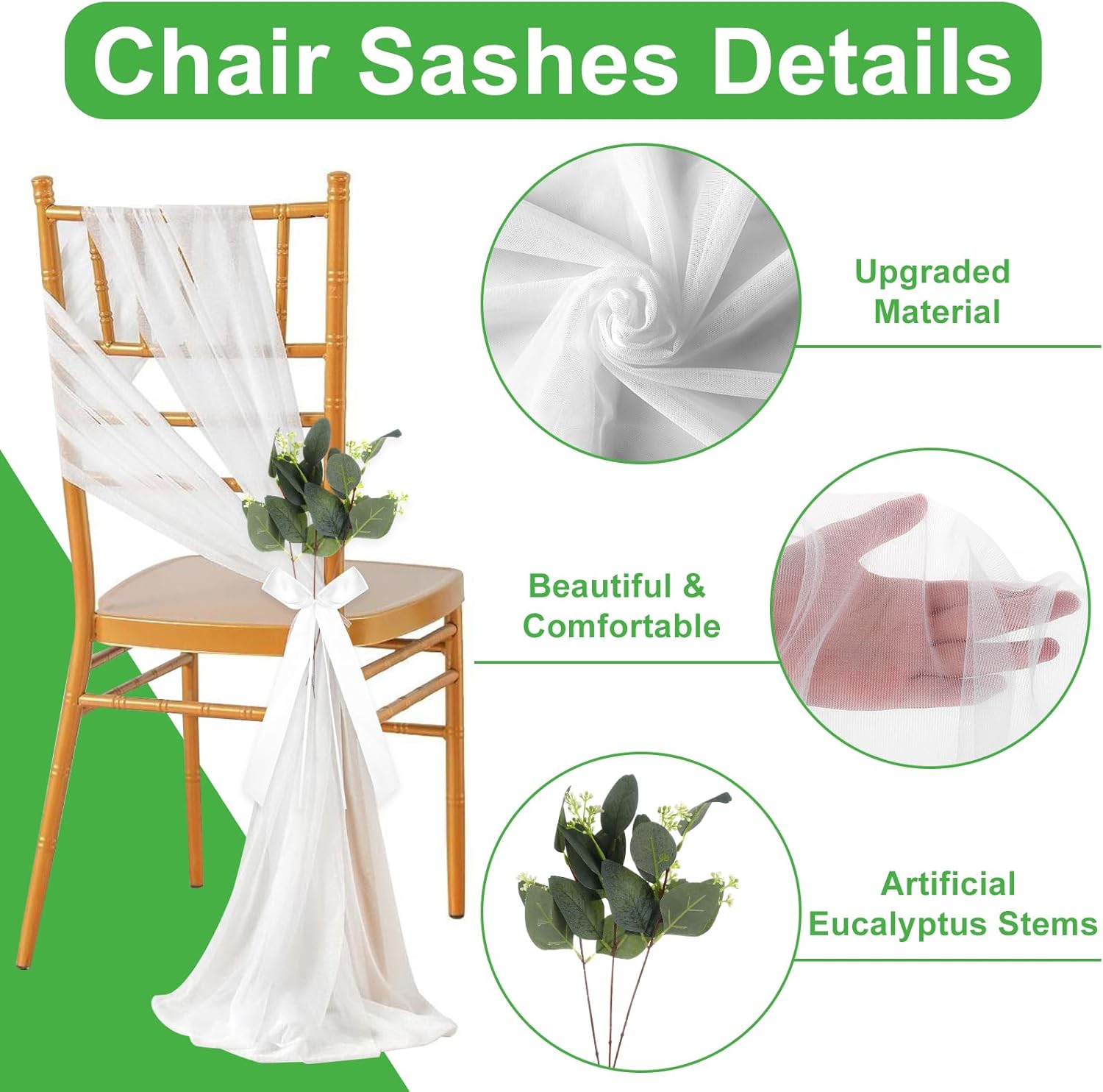 24 Sets Wedding Aisle Decorations for Ceremony Set Wedding Chair Decorations White Ribbon Bows Artificial Eucalyptus Stem Chair Sashes for Weddings Party Bench Church Pew Aisle Decor (Elegant White)