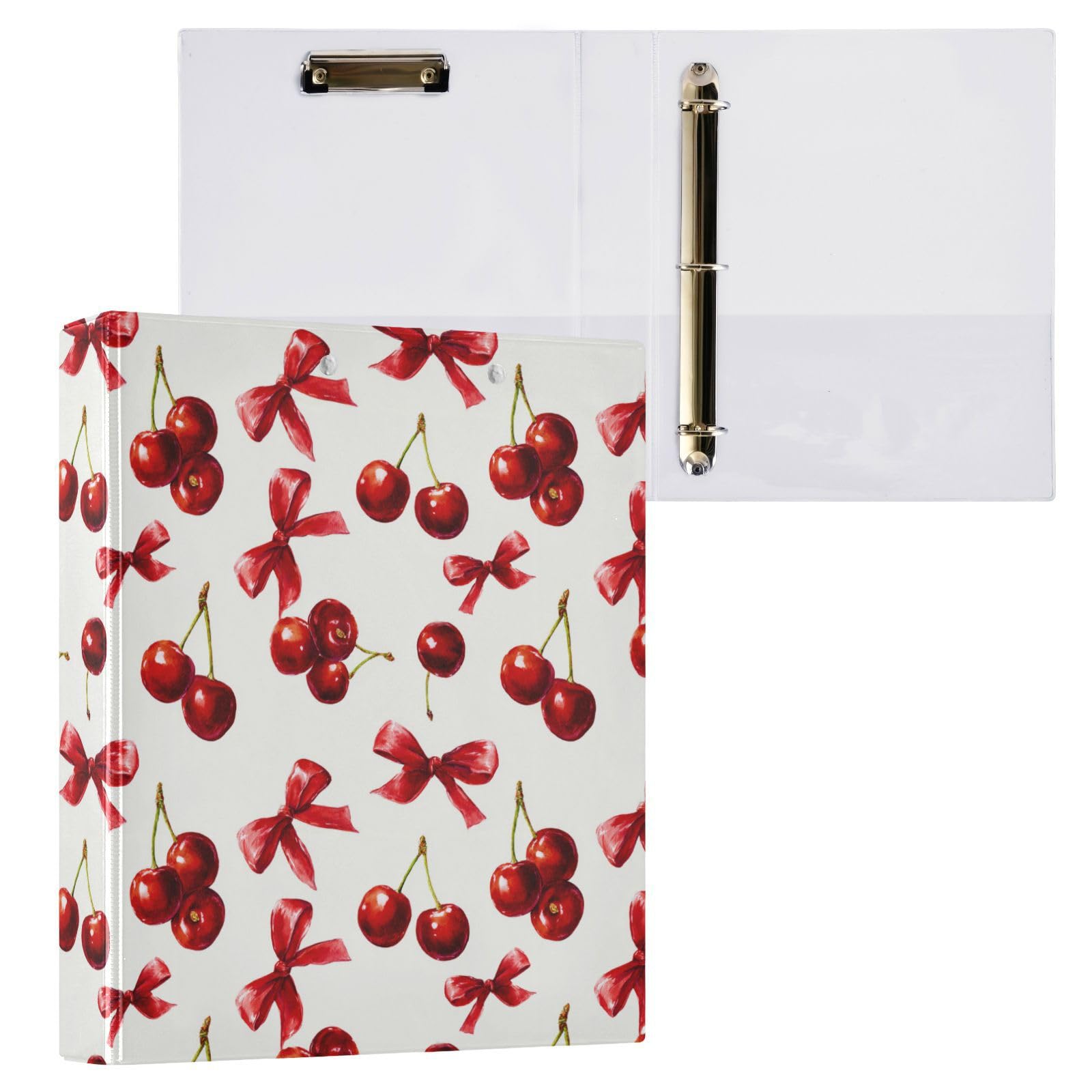 PDYRLEN Red Coquette Cherry Ribbon Bow 3 Ring Binder, 1.5 Inch Round Ring Binders Clipboard Work Binders Organizer with Pockets Holds 200 Sheets for
