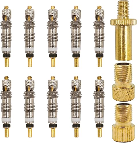 10 piezas Presta núcleo de válvula con 3 piezas de adaptador de válvula Presta a Schrader, válvula de repuesto de latón sin cámara y convertidor de