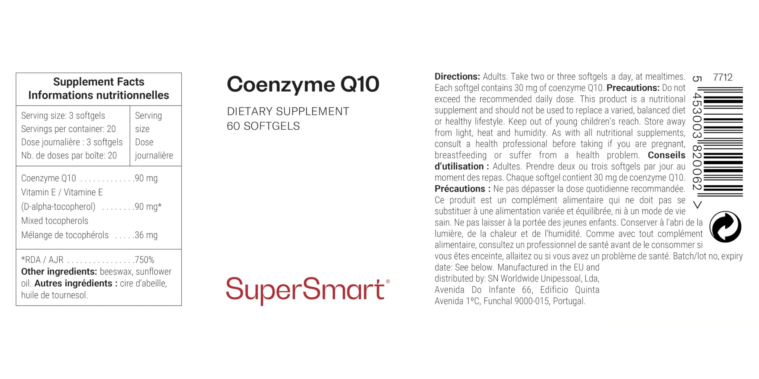 Co-Enzyme Q10 (CoQ10) - Aide à la Santé Cardiovasculaire - SuperSmart | Contient de la Vitamine E (D-alpha-tocophérol) - Sous forme Huileuse pour une Biodisponibilité Optimale