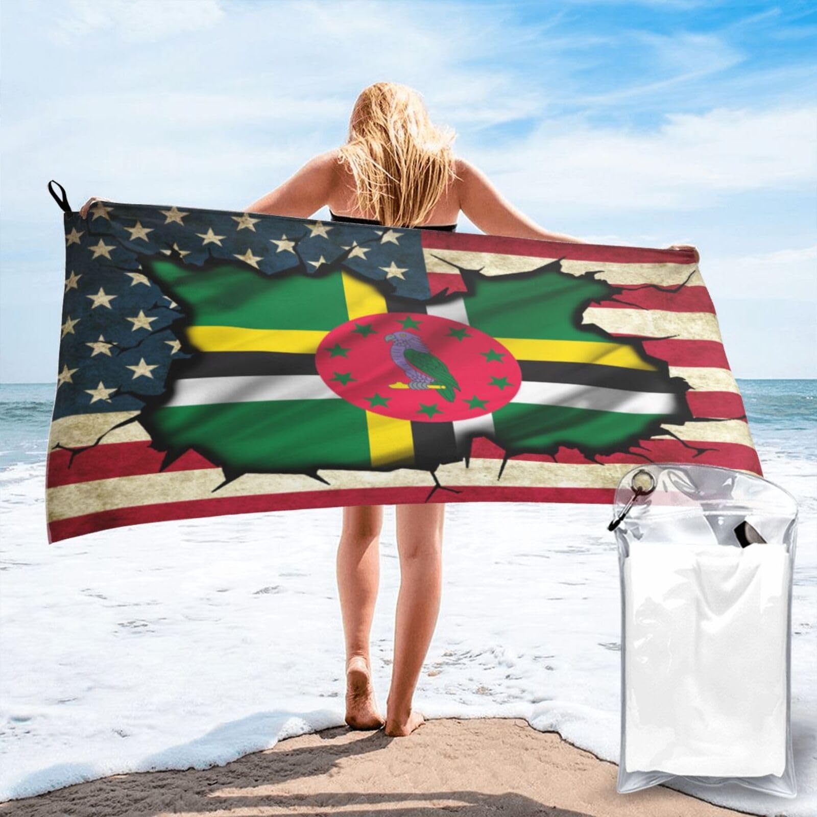 HACXZ Vintage America Flag and Dominica Dominican Flag Absorbent Beach Towel Microfiber Beach Towel Lightweight 27.5"X55"