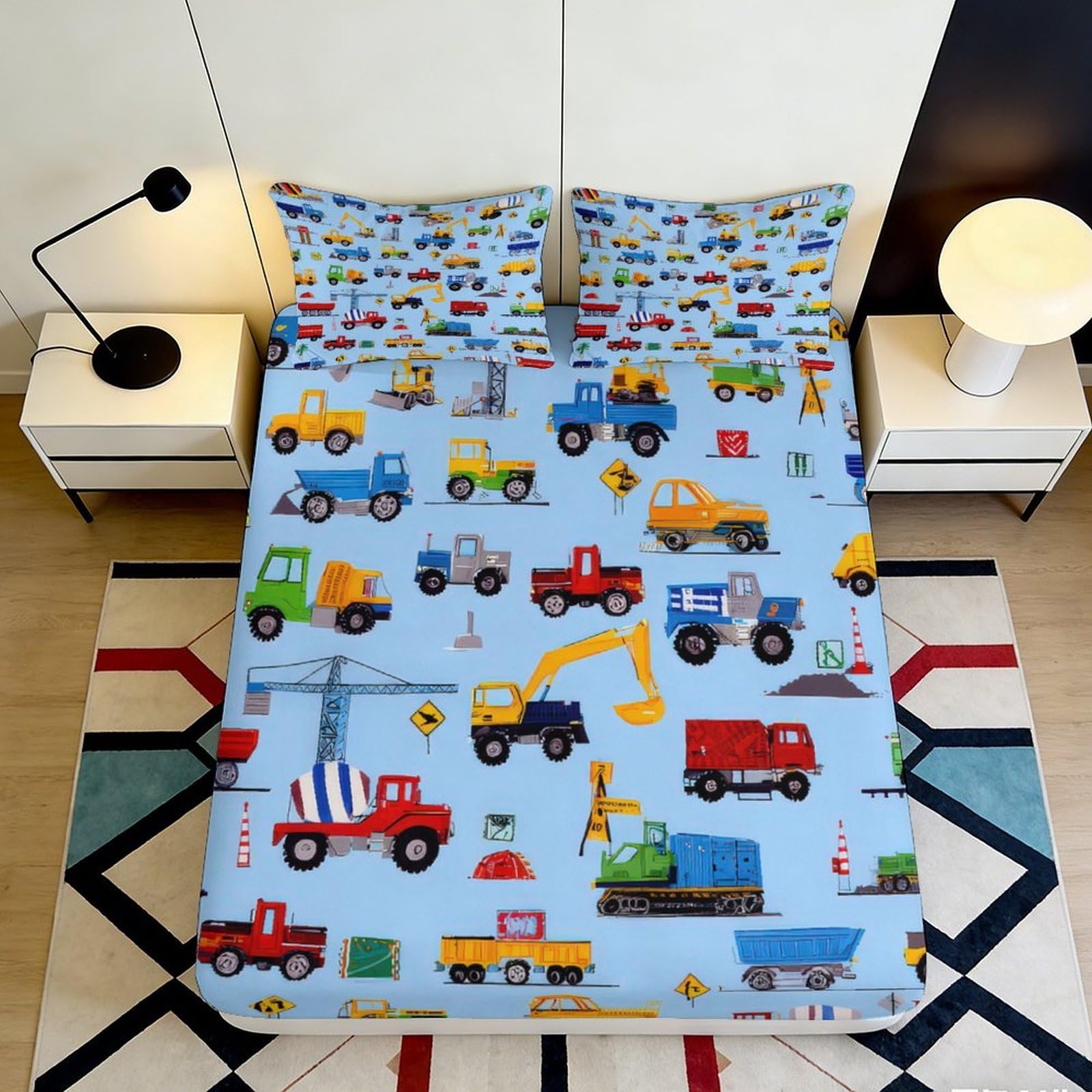 Uynsixtme Style-2 3D Printed Construction Vehicles Fitted Sheet Microfiber Deep Pocket Non-Slip For Bedroom Bedding Construction Cars Mattress Fitted Cover Washable 90X200x25cm