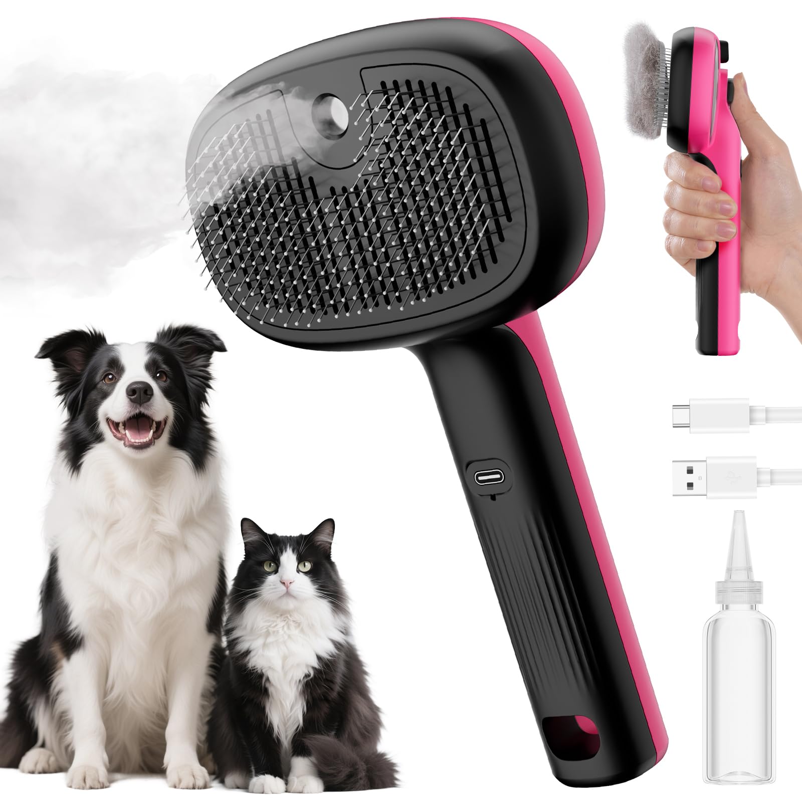 Pecute Steam Cat Brush, Self-Cleaning Cat Steam Brush,with 2 Water Spray Mist Modes, Large Capacity Tank, Dog Brushes for Grooming, for Shedding and Massaging Grooming of Long Short Haired Cats Dogs