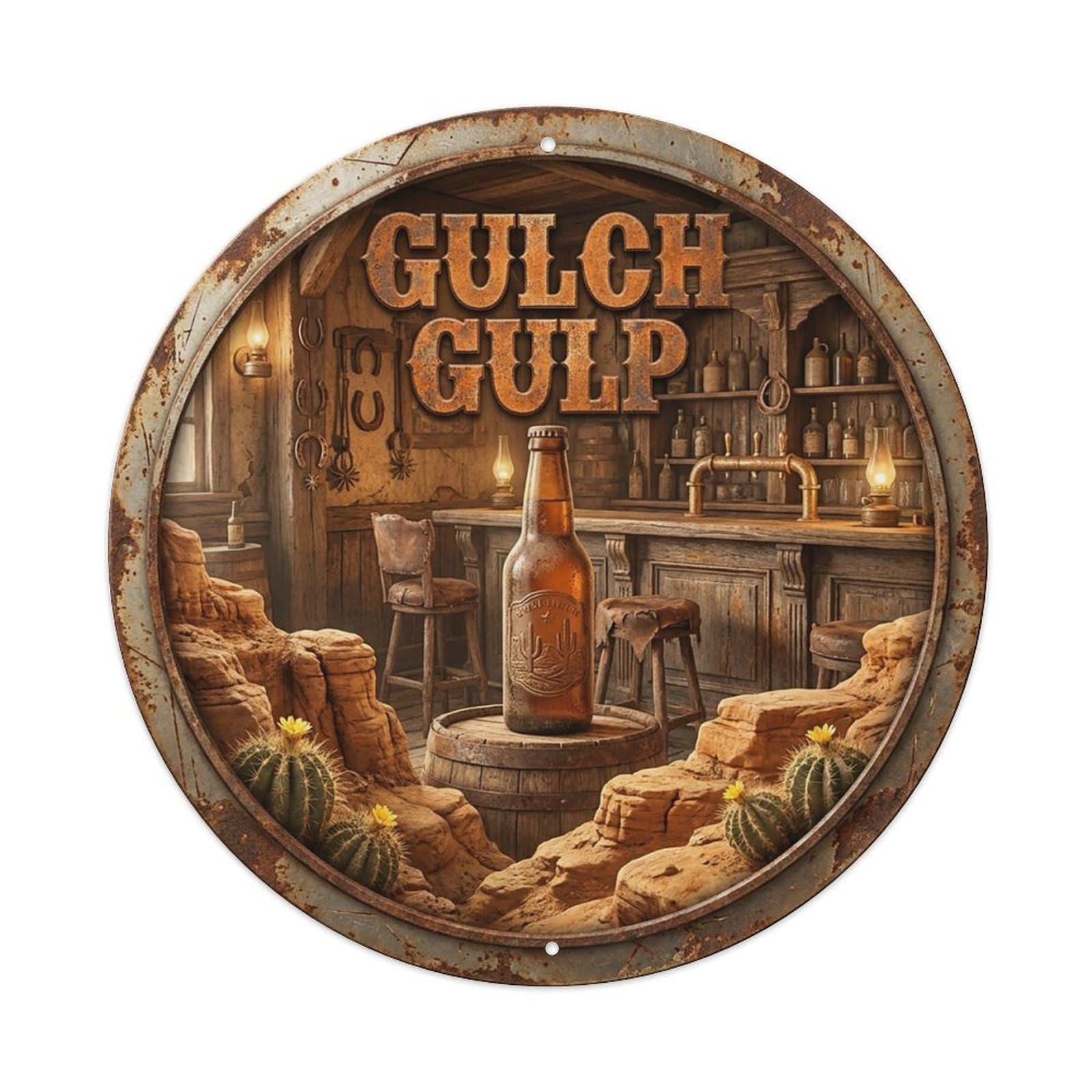 Vintage Beer Western Cowboy Gulch Gulp Retro Bar for Pub Vintage Metal Tin Sign Plaque Wall Decor for Cafe, Club Bar, Office, Garden Metal Poster 8x8Inch