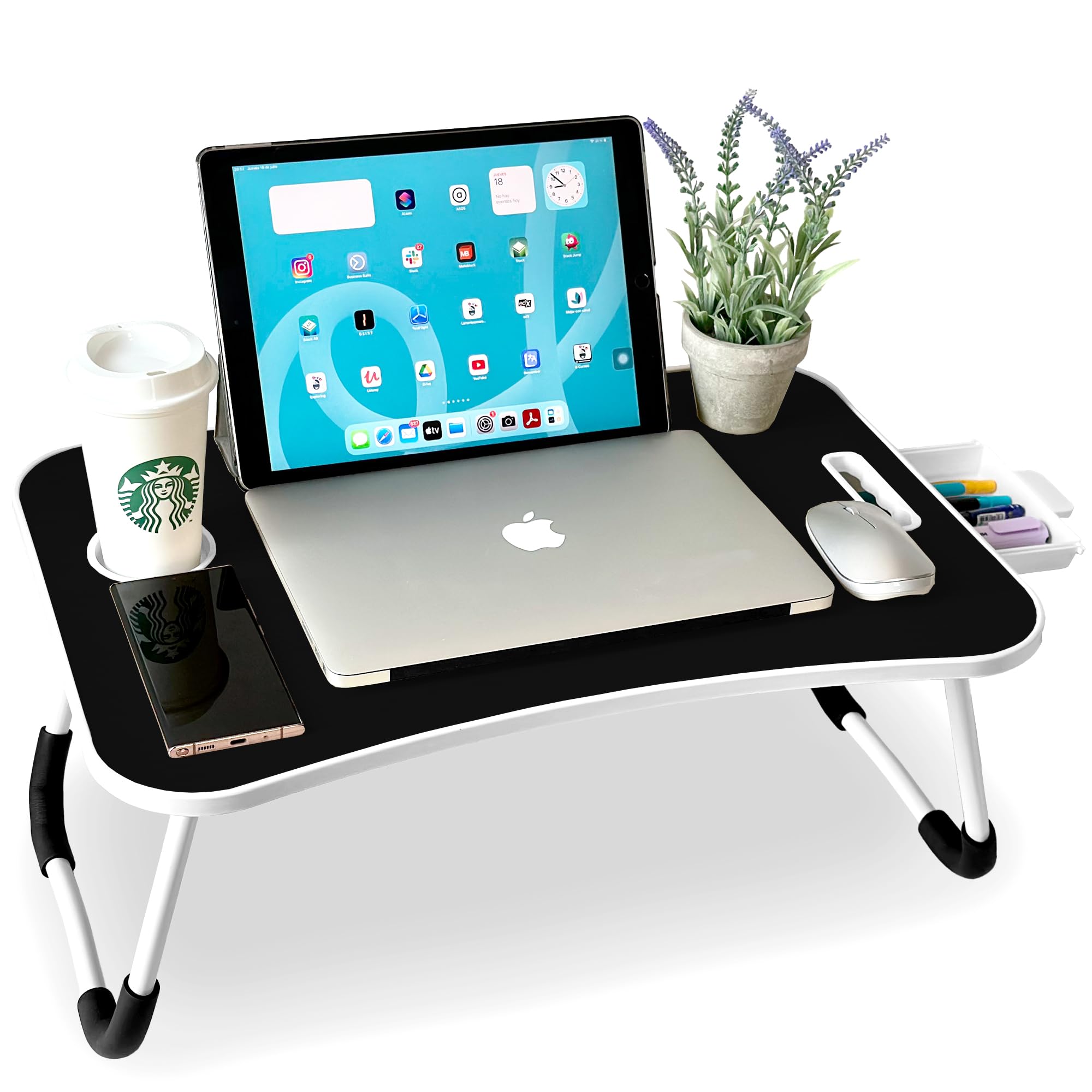 unycos - Bandeja para Cama, Mesa Plegable de Desayuno, Ideal para Portátil, Ordenador y Libros, Ergonómica, Mesa Auxiliar con Atril para Leer en la Cama 60x40x26 cm (Negro con Cajón)