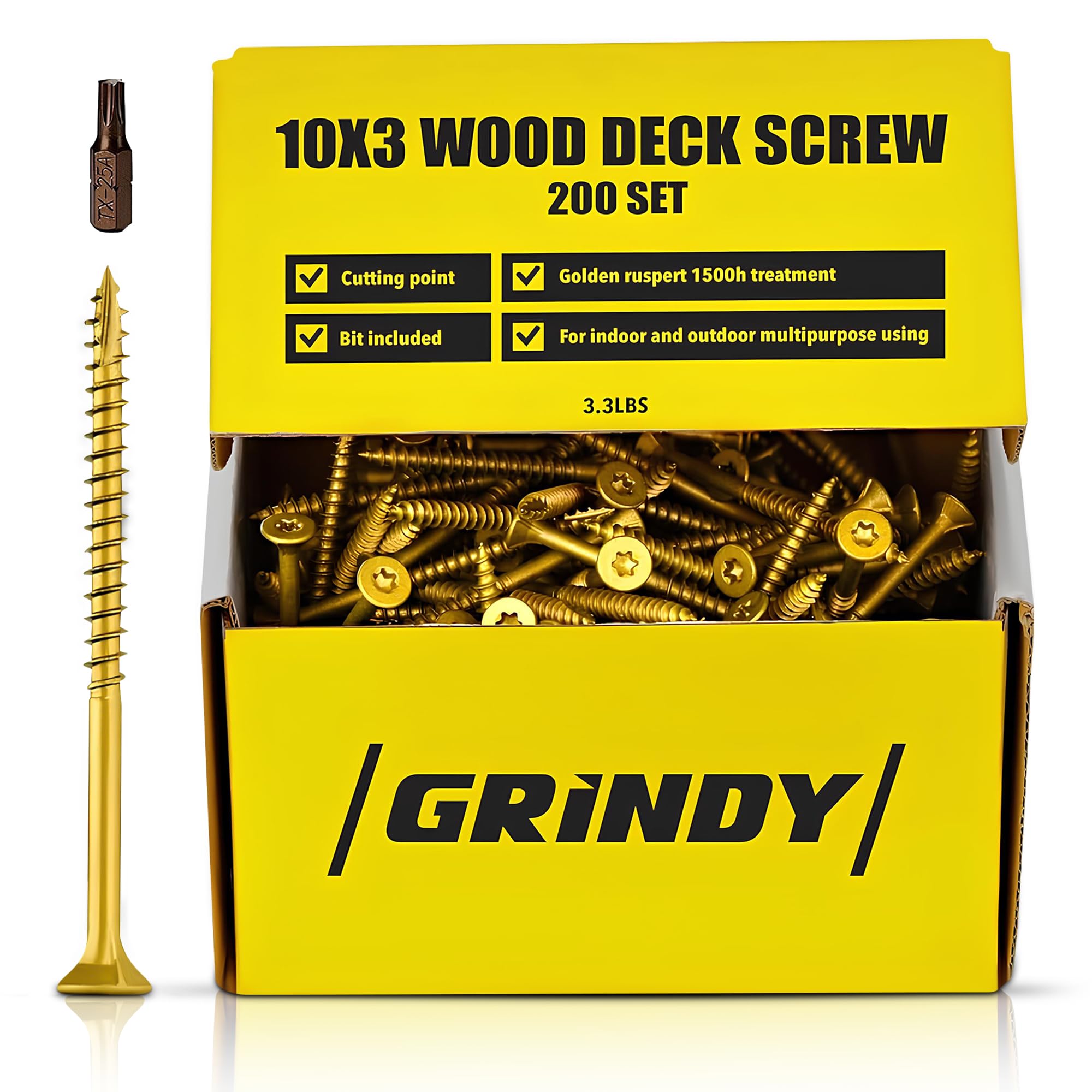 #10 x 3’’ Wood Screws by Grindy (200pack/3.3LBS) – Self-Drilling Deck Screws I Rust Resistant I Quick Drive & Fast Grip I for Cabinet, Furniture &