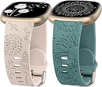 Vista 7 de Minyee Paquete de 2 correas grabadas florales compatibles con Fitbit Versa 4/Versa 3/Sense 2/Sense Band para mujer, lindo diseño de girasol