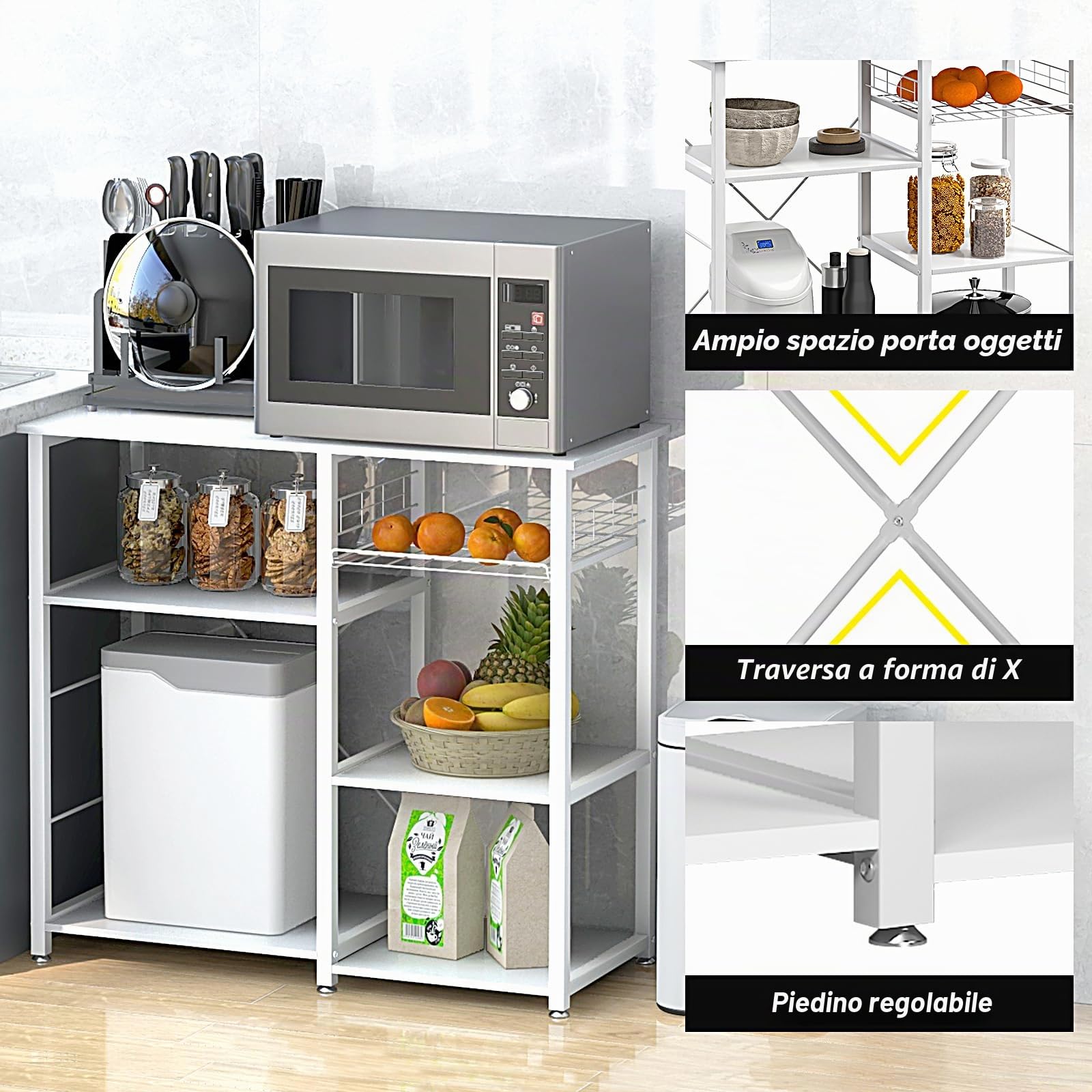 SogesPower Ripiani da cucina per panetteria con ripiano di archiviazione e ganci laterali per microonde, ripiano di archiviazione a 3 livelli, per cucina, soggiorno e corridoio