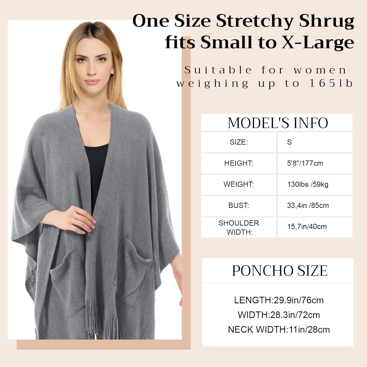 Knitted Poncho for Women, Shawl Wraps with Pockets, Open Front Fringe Winter Shawl with Tassel, Gift for New Year - Image 3