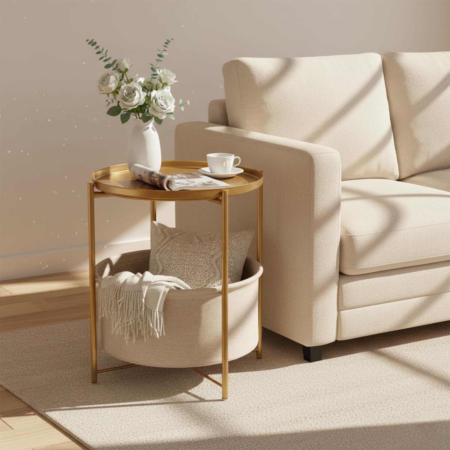 danpinera Table d'appoint Ronde en Métal - Petite Table de Chevet avec Panier de Rangement en Tissu - Plateau pour Salon, Chambre à Coucher, Chambre d'enfant, Linge - Doré