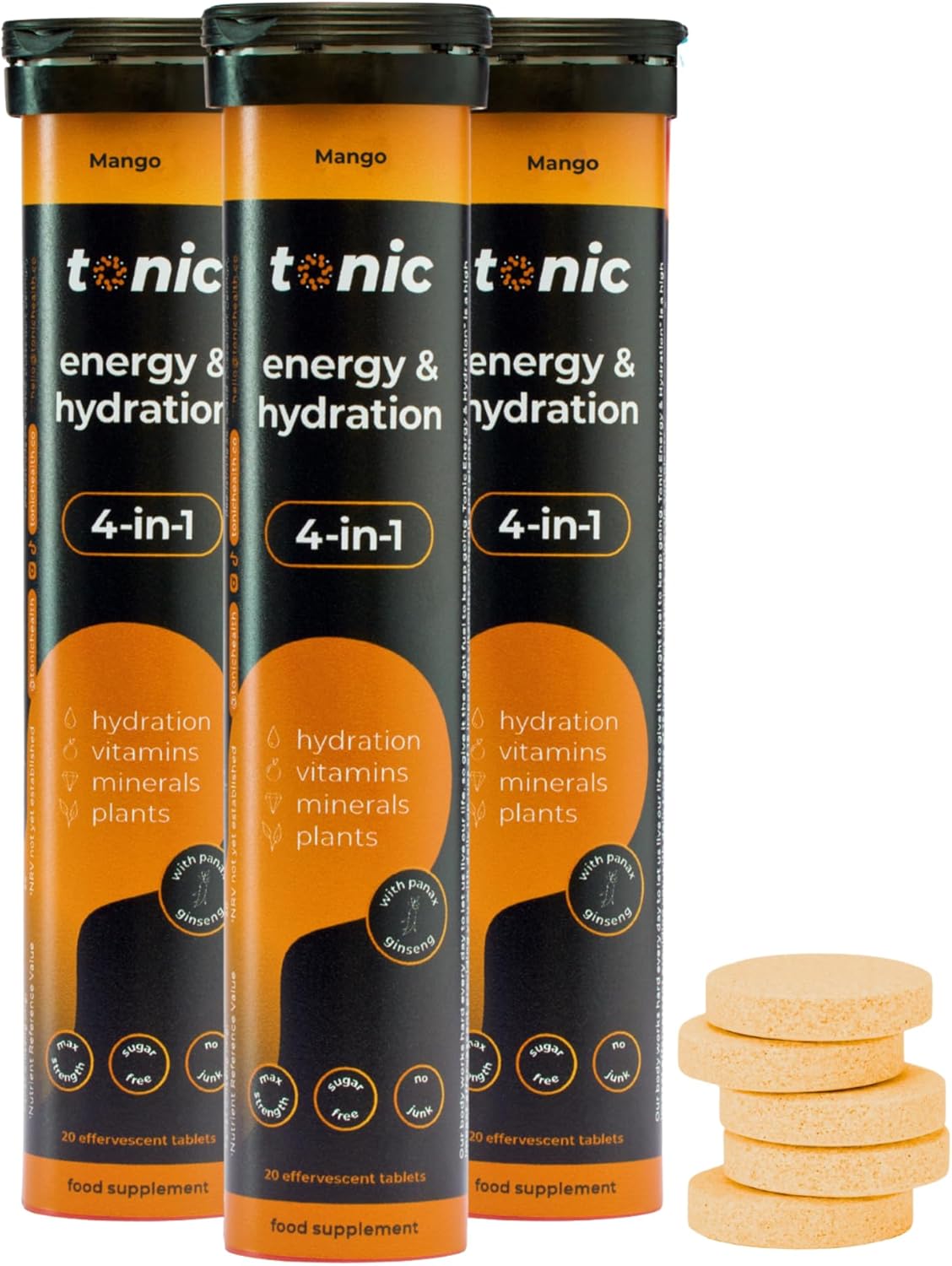 Tonic Health Energy and Hydration Tablets – 15 Vitamins, Minerals, Plants with Panax Ginseng, No Sugar Effervescent Multivitamins – Rehydration Electrolytes Tablets, Mango 60 Count