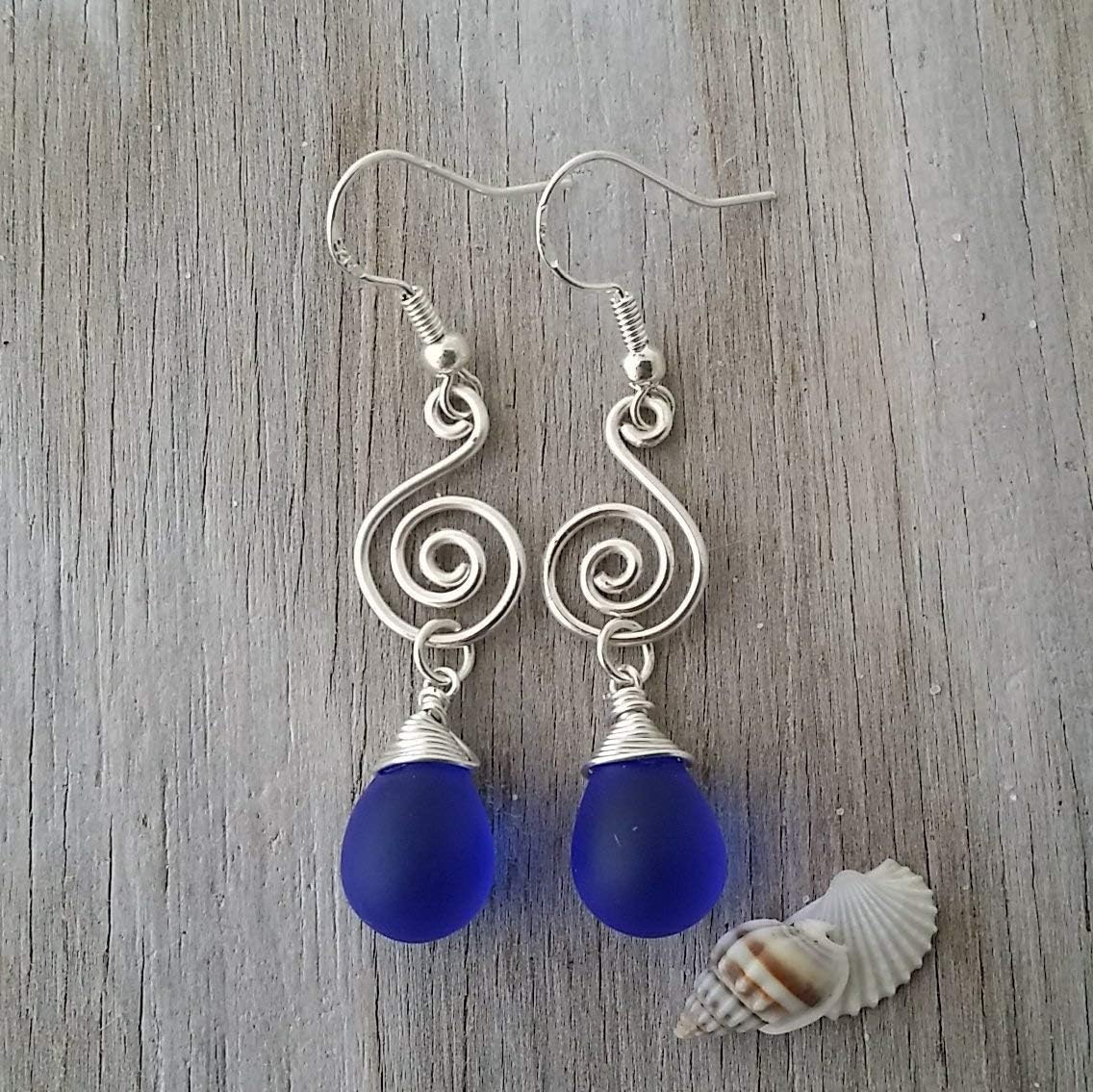 Handmade in Hawaii, wire cobalt Sapphire blue sea glass earrings,"September Birthstone", (Hawaii Gift Wrapped, Customizable Gift Message)